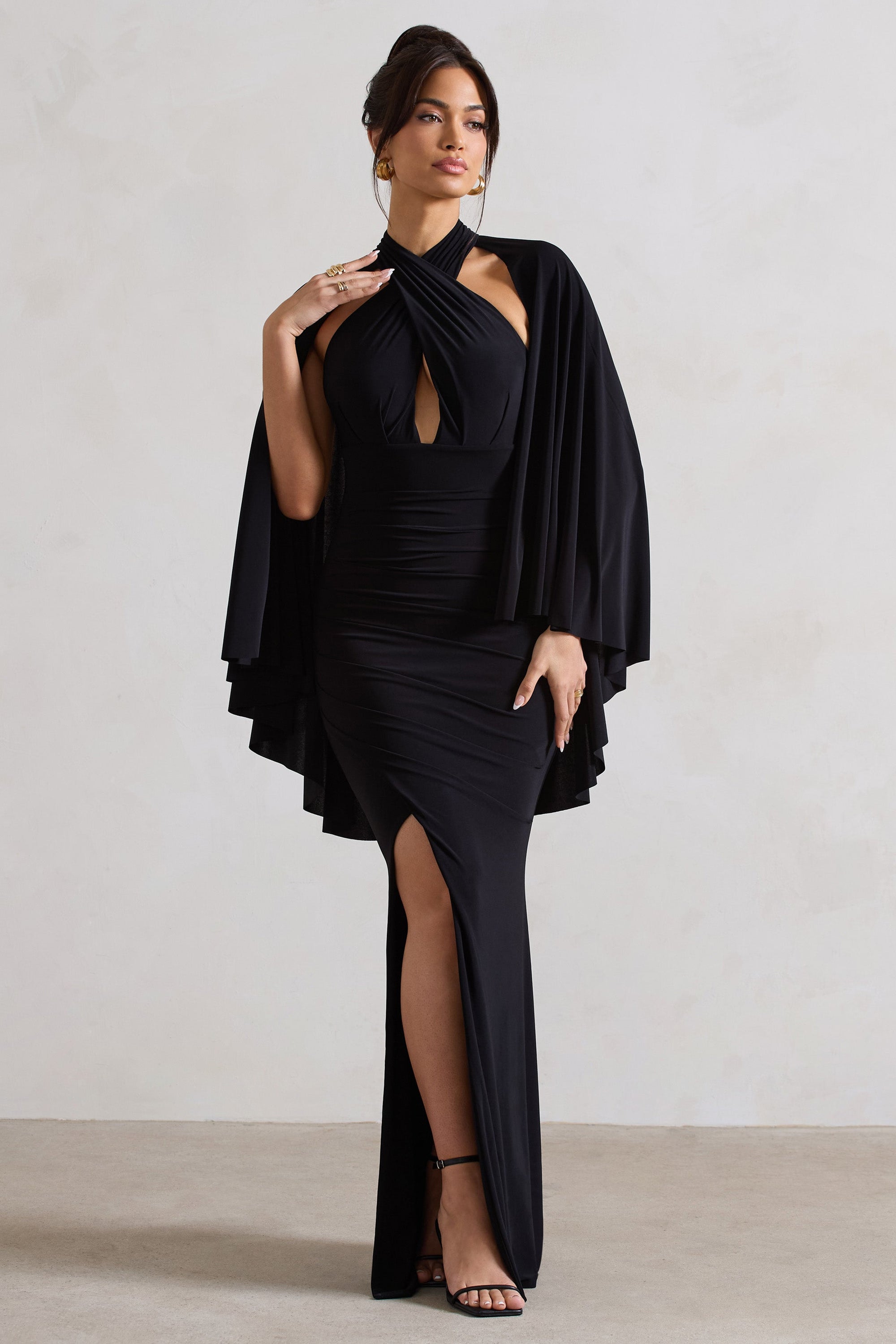 Audrina | Black Ruched Halter-Neck Split Maxi Dress With Cape - Club L London - AUS