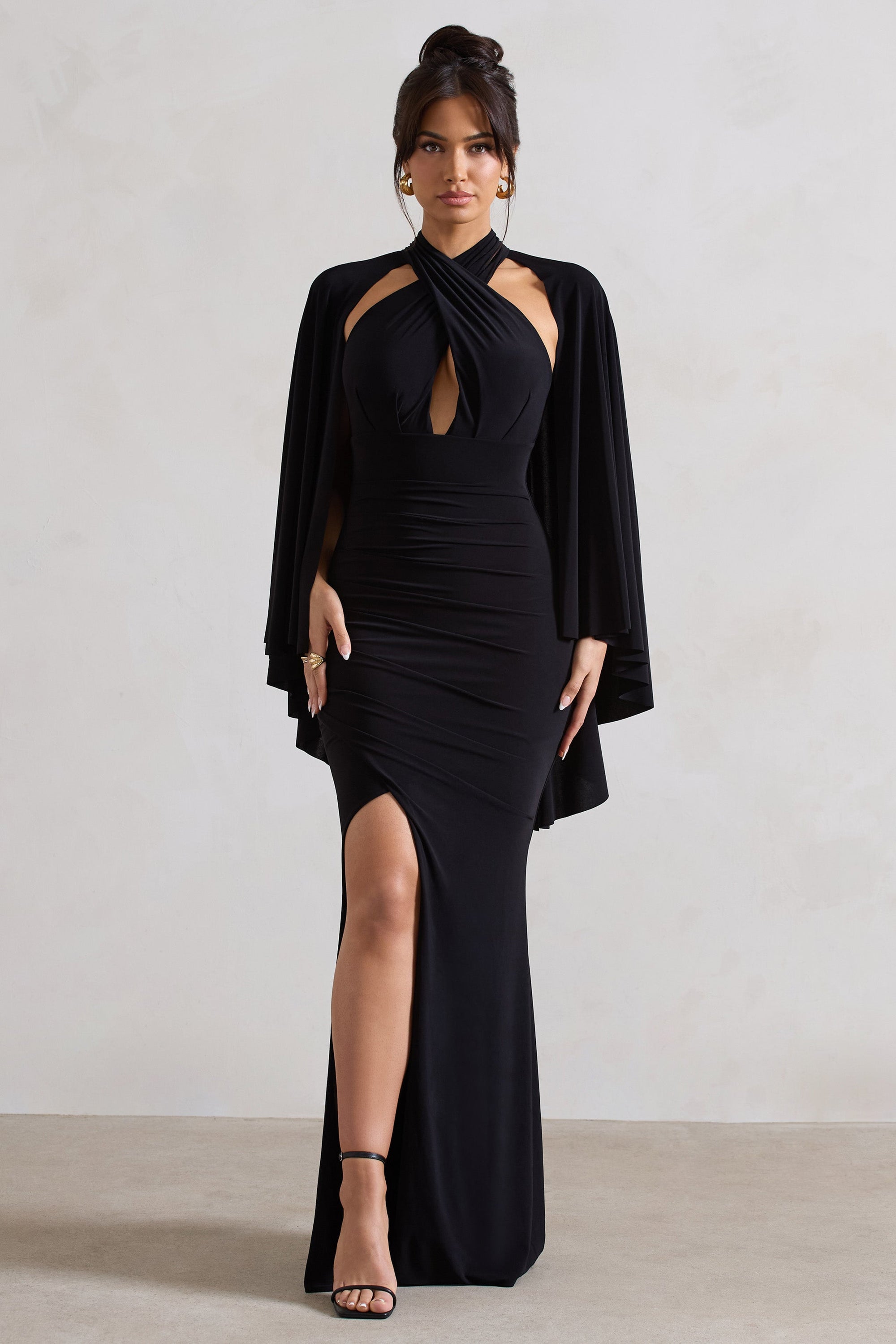 Audrina | Black Ruched Halter-Neck Split Maxi Dress With Cape - Club L London - AUS