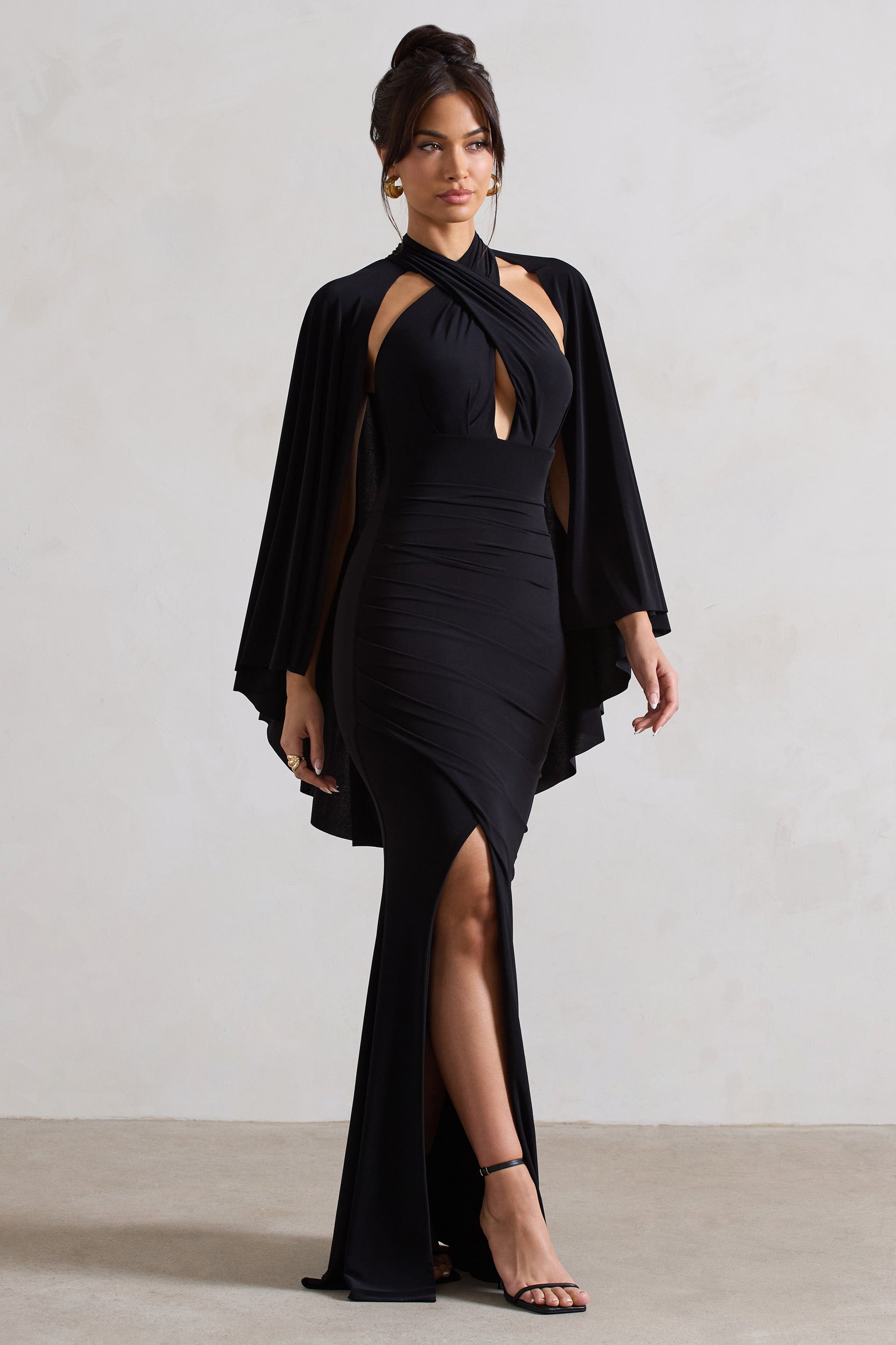 Audrina | Black Ruched Halter-Neck Split Maxi Dress With Cape - Club L London - AUS