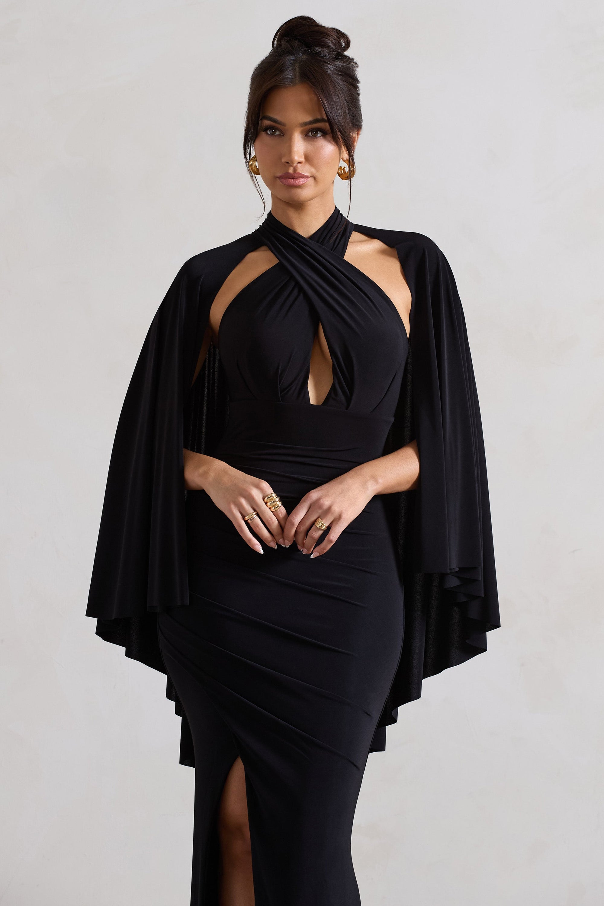 Audrina | Black Ruched Halter-Neck Split Maxi Dress With Cape - Club L London - AUS