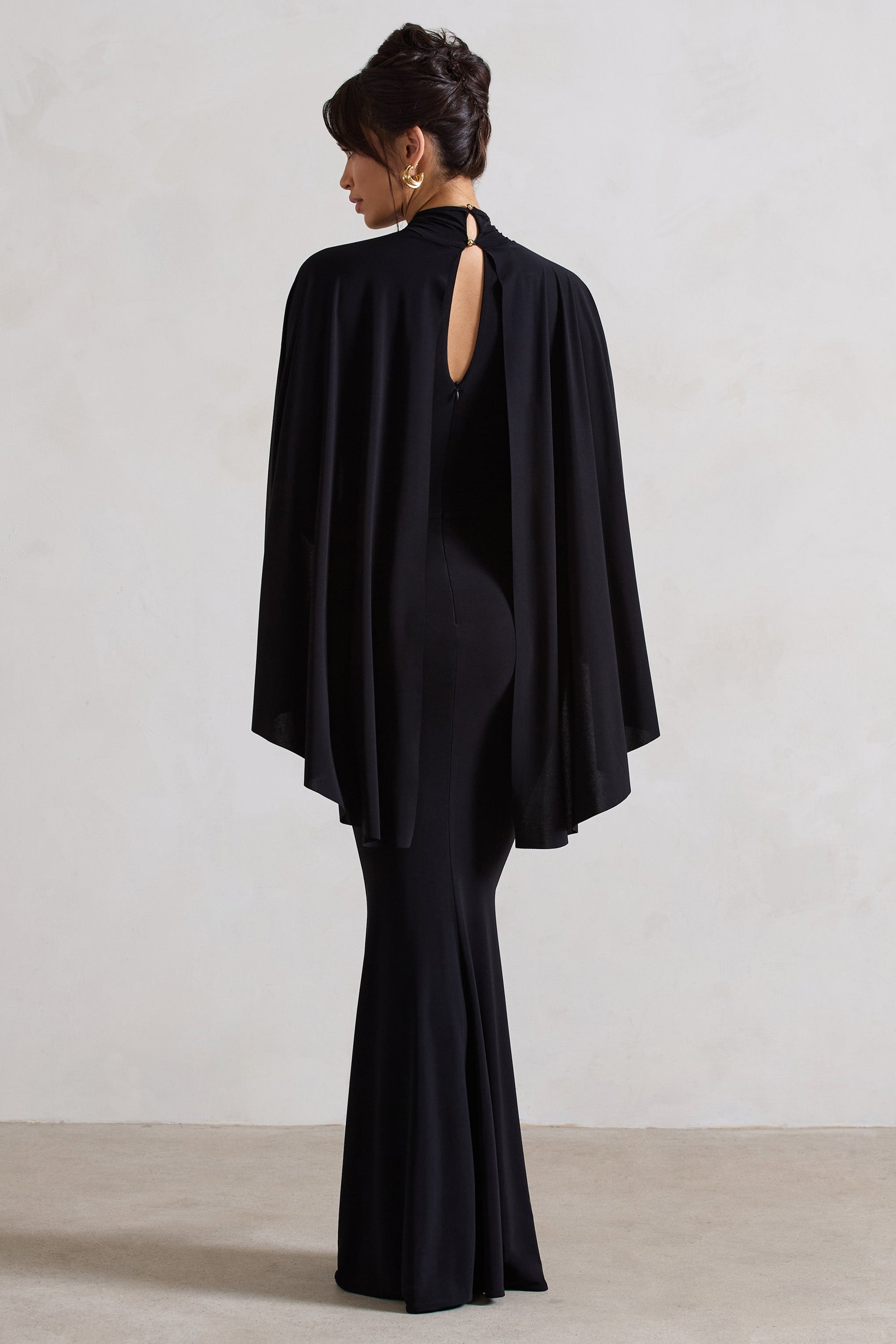 Audrina | Black Ruched Halter-Neck Split Maxi Dress With Cape - Club L London - AUS