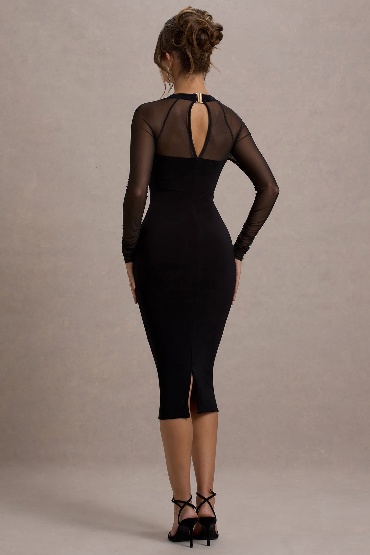 Off Track Black Bodycon Midi Dress With Sheer Sleeves – Club L London