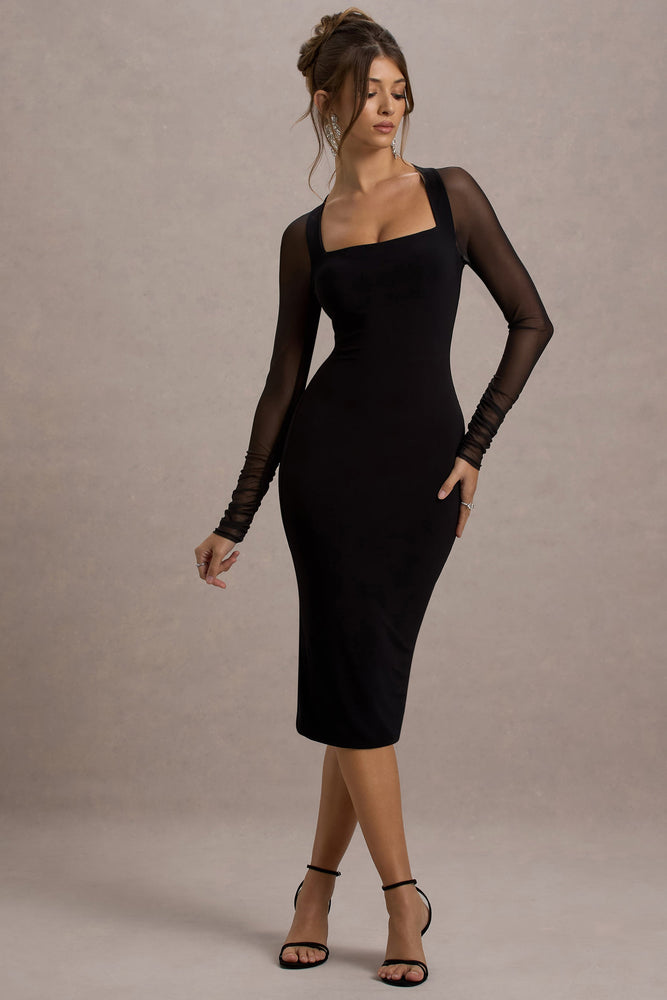 Off Track Black Bodycon Midi Dress With Sheer Sleeves – Club L