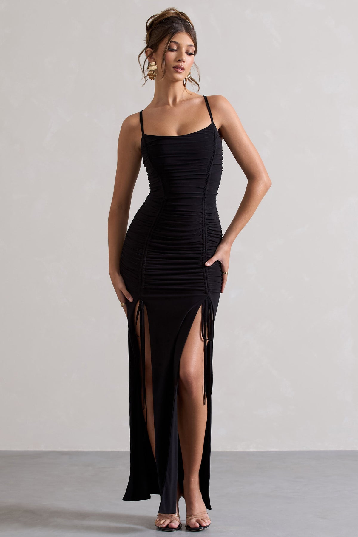 Devon Black Ruched Strappy Maxi Dress With Splits – Club L London - AUS