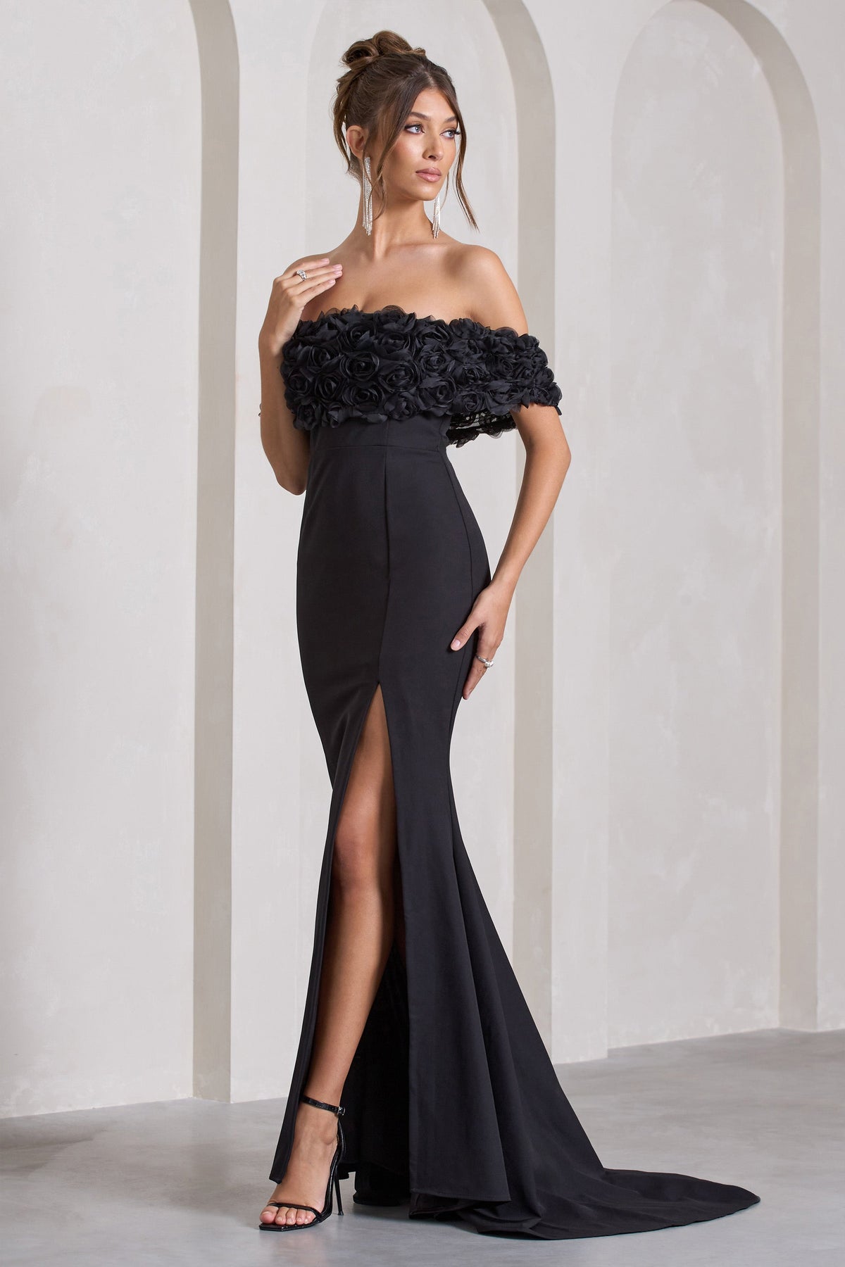 Amanza Black Bardot Split Fishtail Maxi Dress With Flowers Club