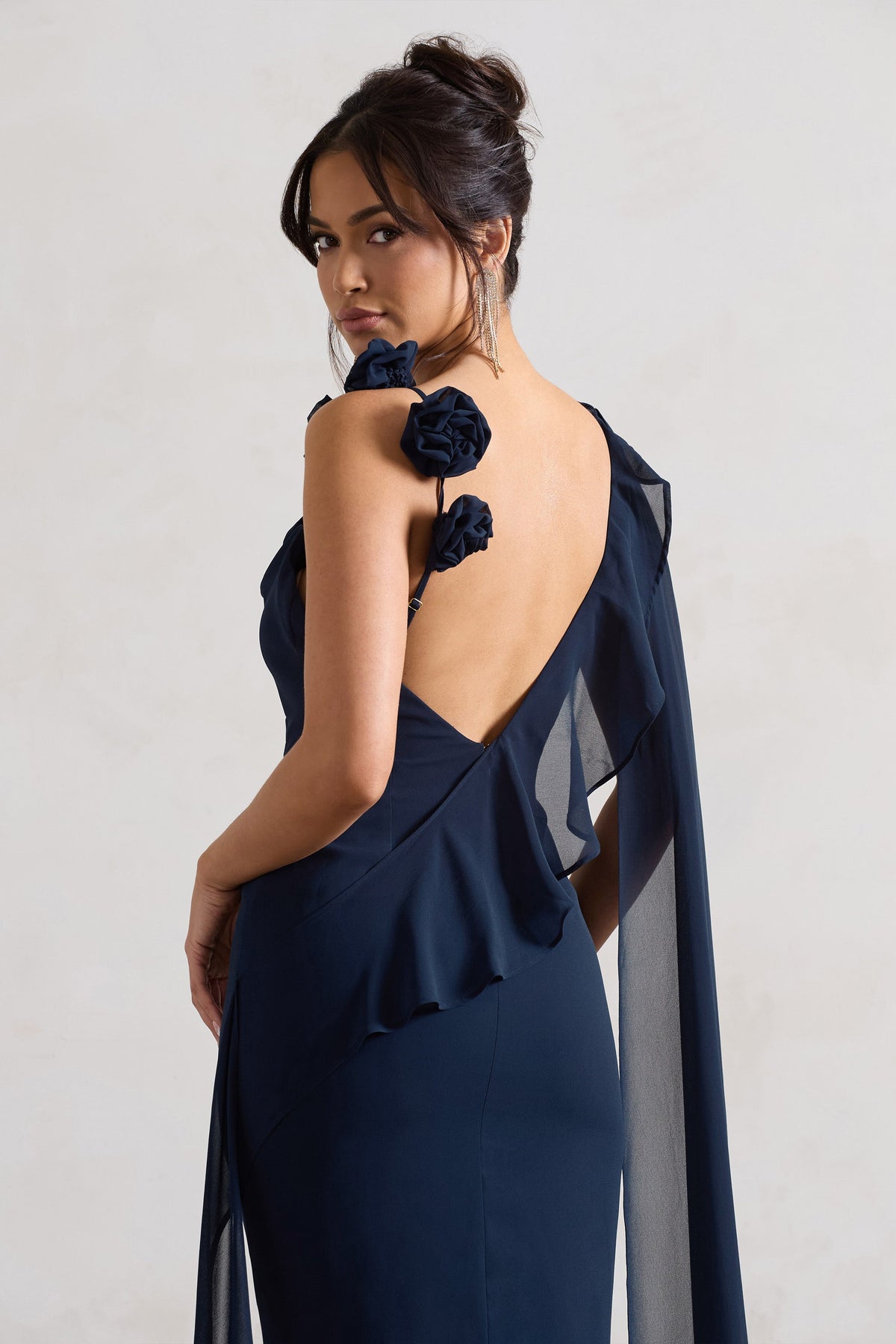 Angeline Navy Chiffon Draped Split Maxi Dress With Corsages Club