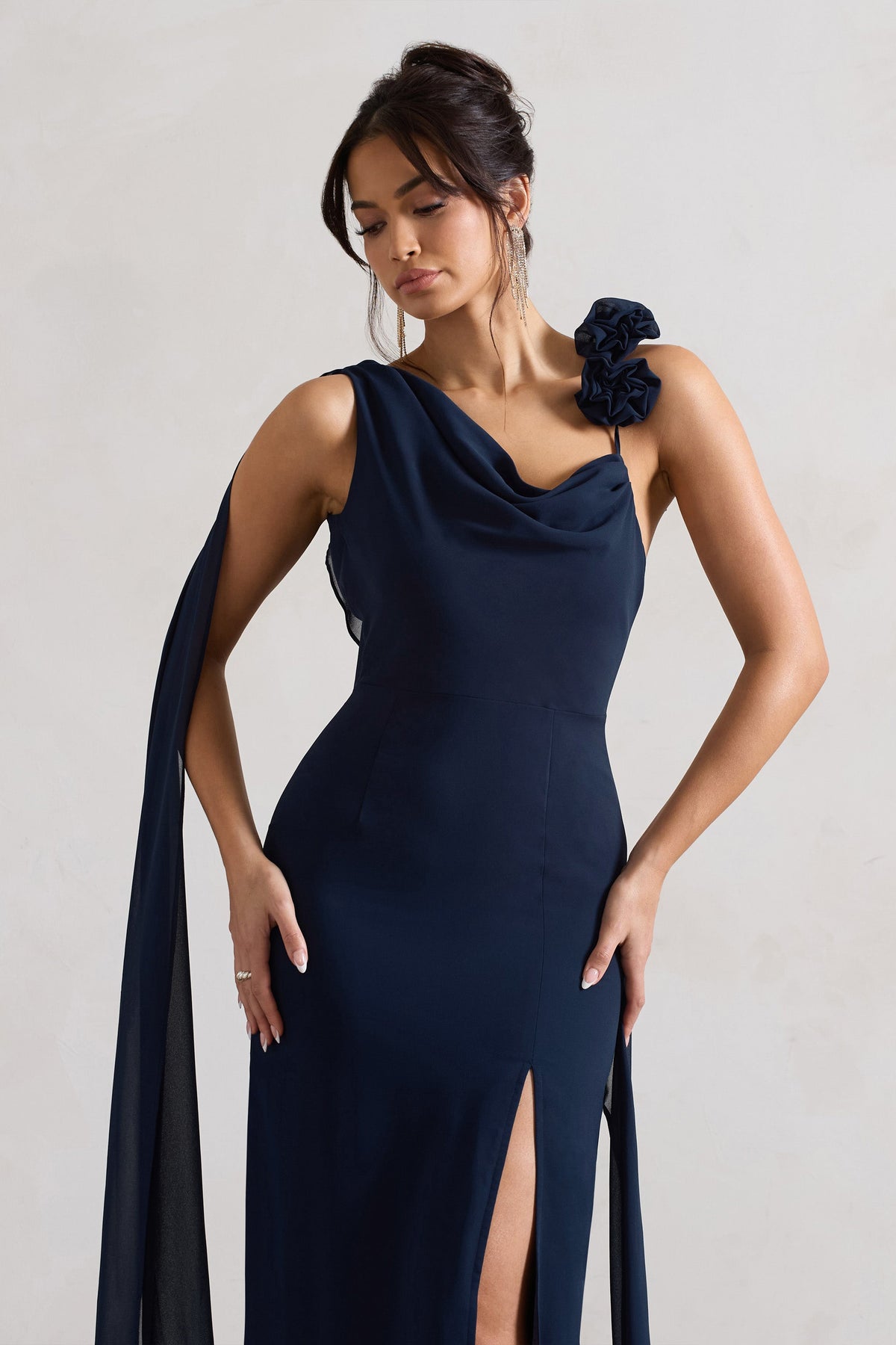 Angeline Navy Chiffon Draped Split Maxi Dress With Corsages Club