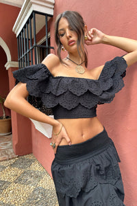 Breathtaking | Black Broderie Ruffled Bardot Crop Top - Club L London - AUS