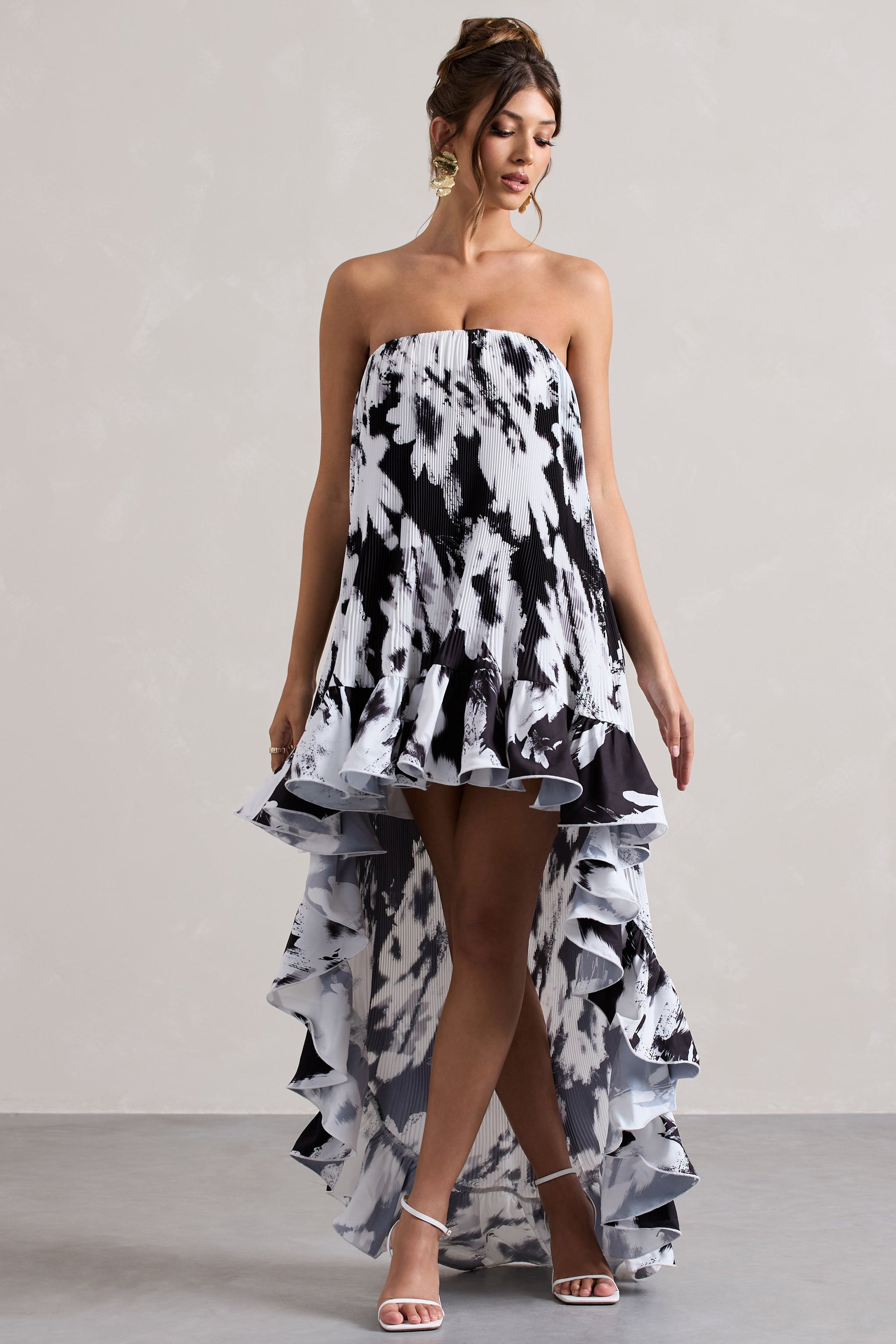 Whistler | Monochrome Floral Chiffon Bandeau High-Low Ruffled Maxi Dress - Club L London - AUS