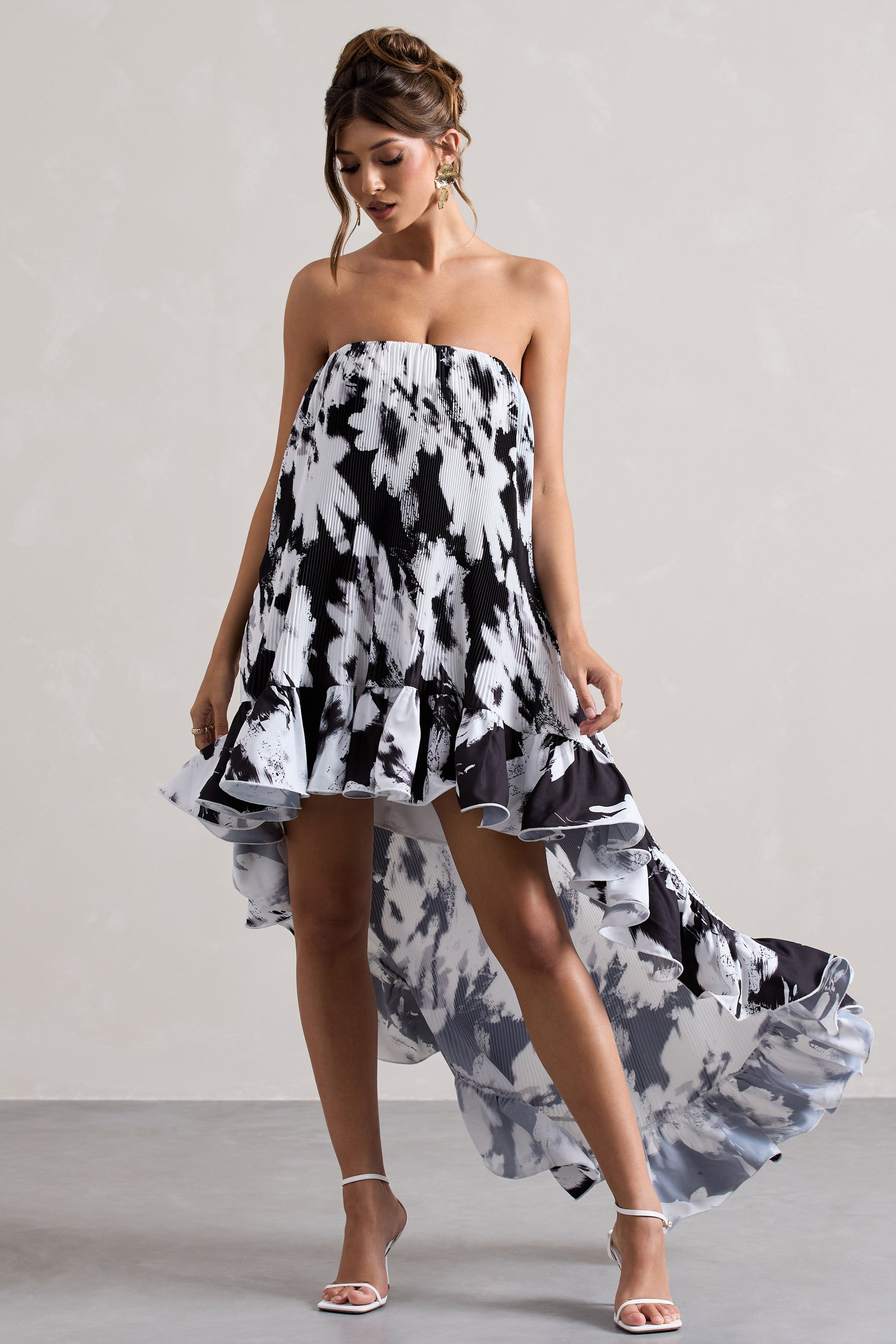Whistler | Monochrome Floral Chiffon Bandeau High-Low Ruffled Maxi Dress - Club L London - AUS