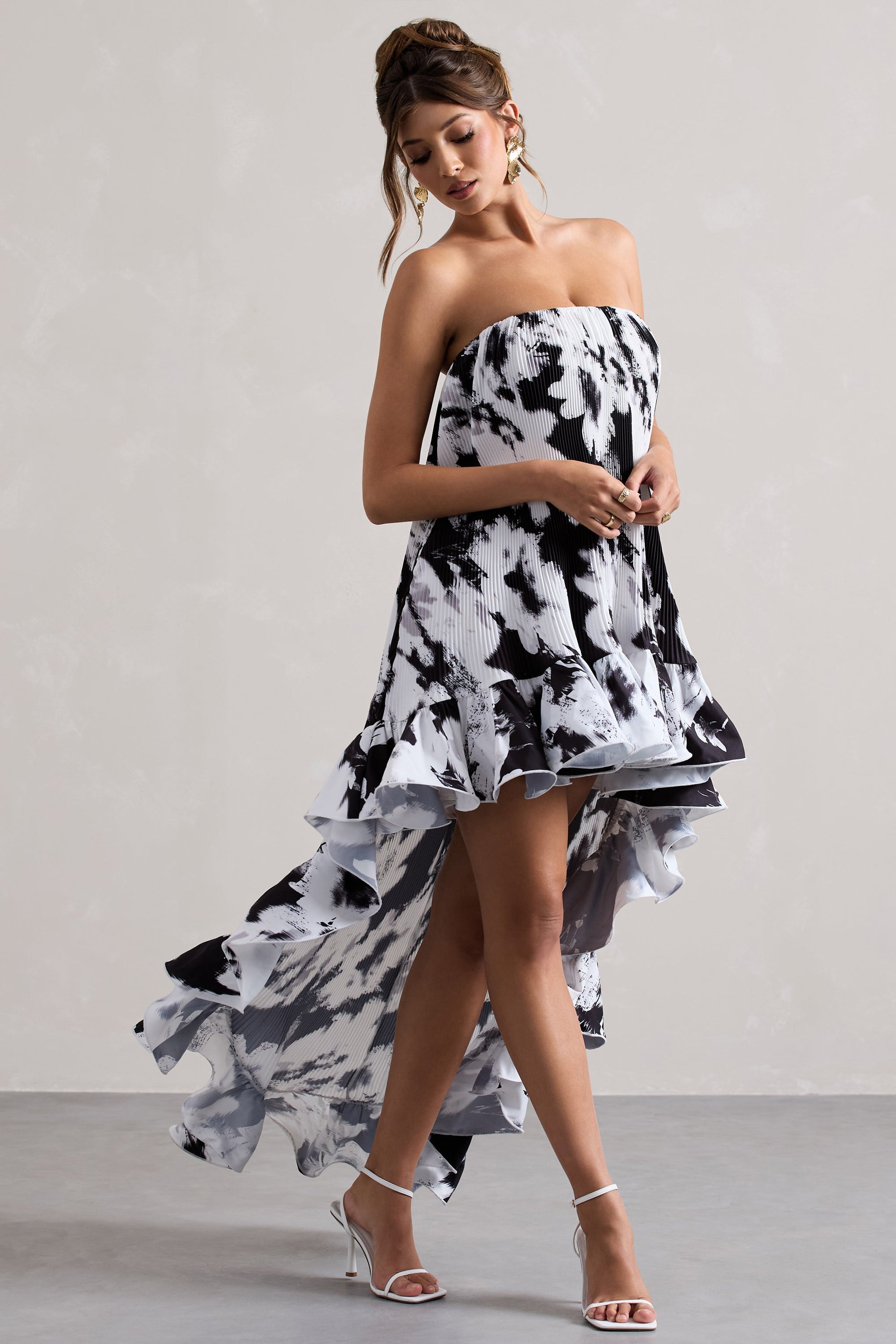 Whistler | Monochrome Floral Chiffon Bandeau High-Low Ruffled Maxi Dress - Club L London - AUS