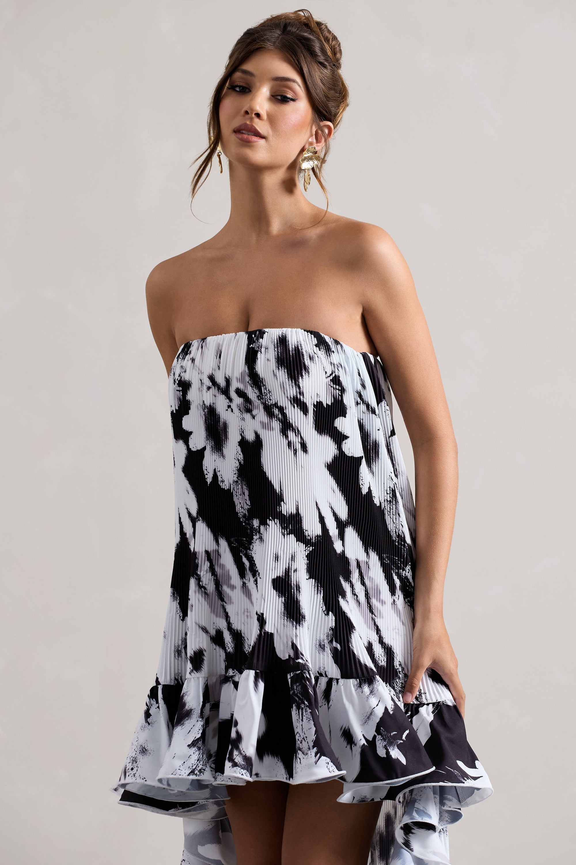 Whistler | Monochrome Floral Chiffon Bandeau High-Low Ruffled Maxi Dress - Club L London - AUS