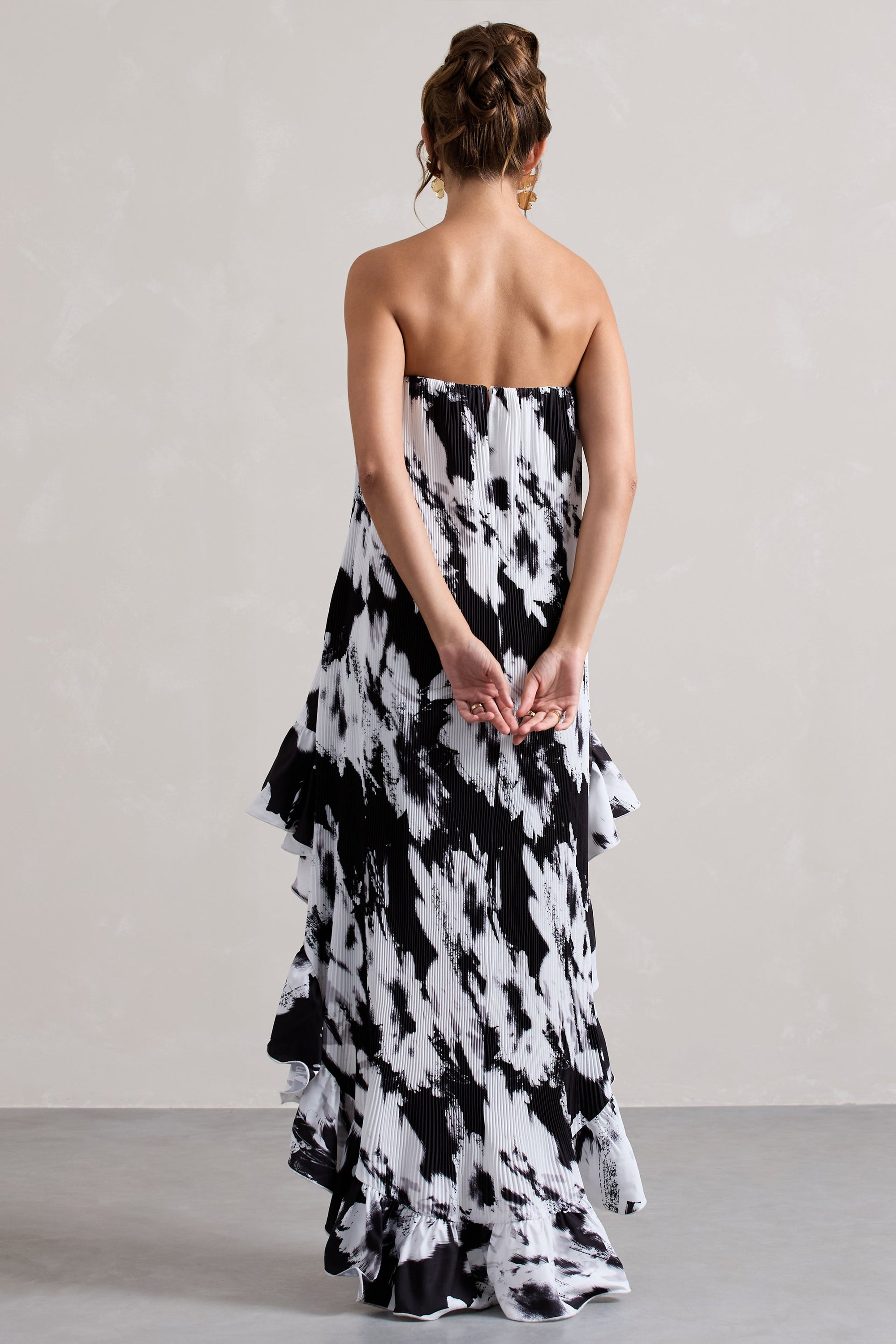 Whistler | Monochrome Floral Chiffon Bandeau High-Low Ruffled Maxi Dress - Club L London - AUS