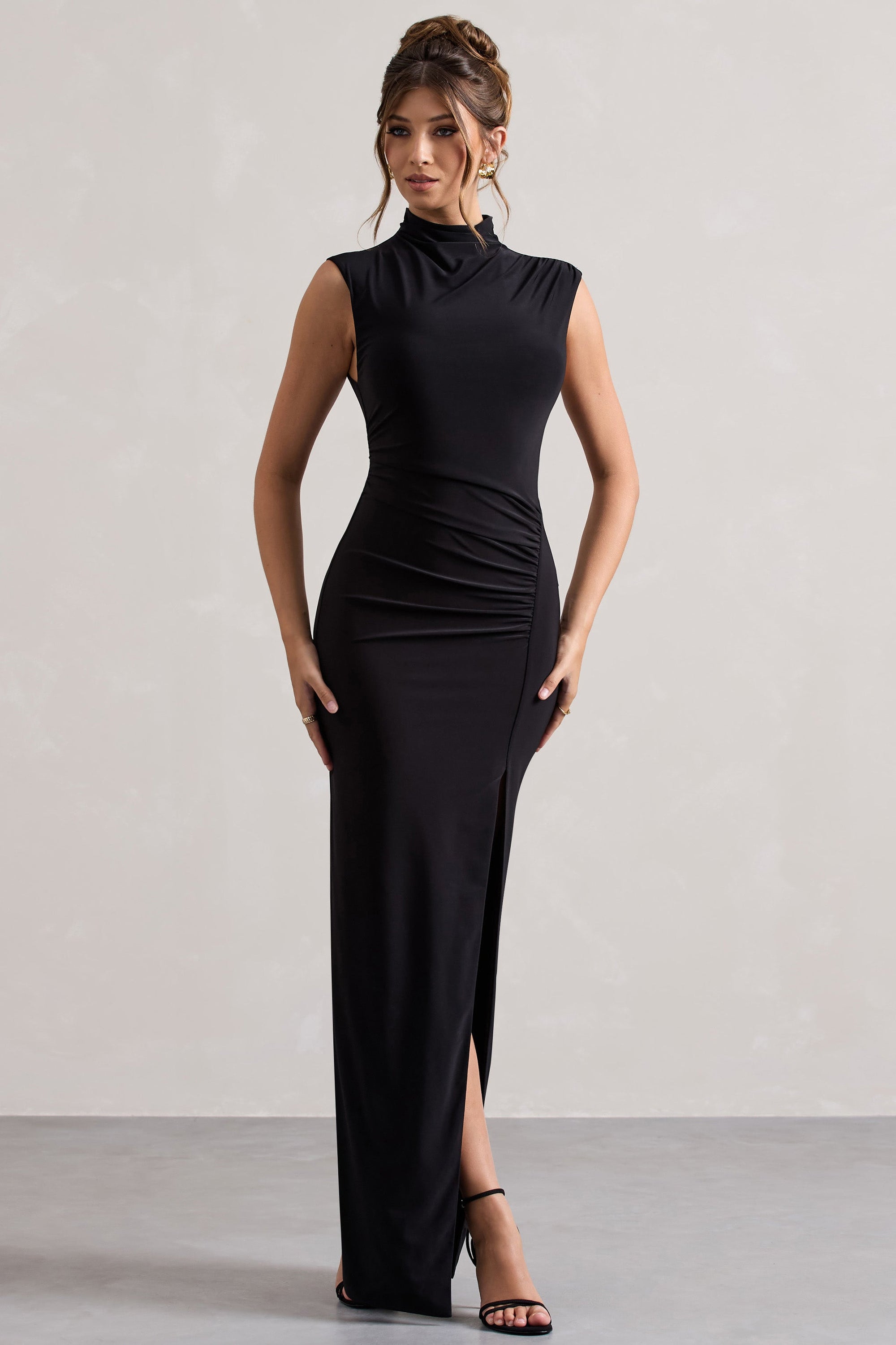 Lanetta | Black Ruched High-Neck Maxi Dress With Split - Club L London - AUS