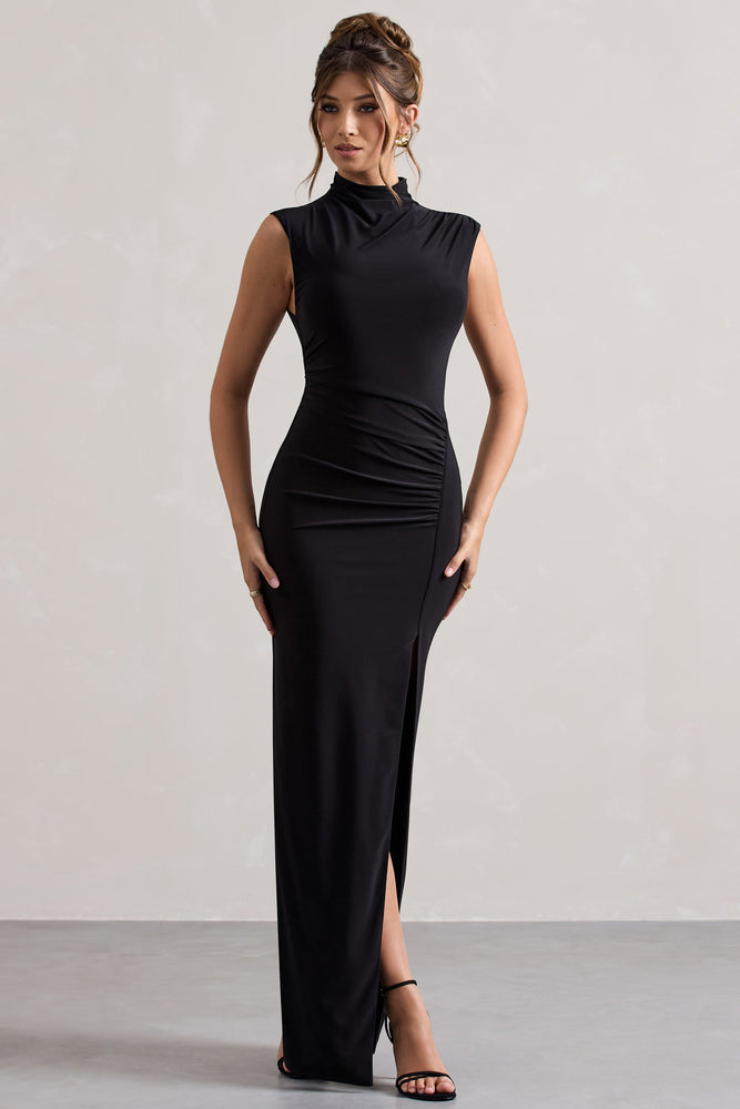 Lanetta Black Ruched High-Neck Maxi Dress With Split – Club L London