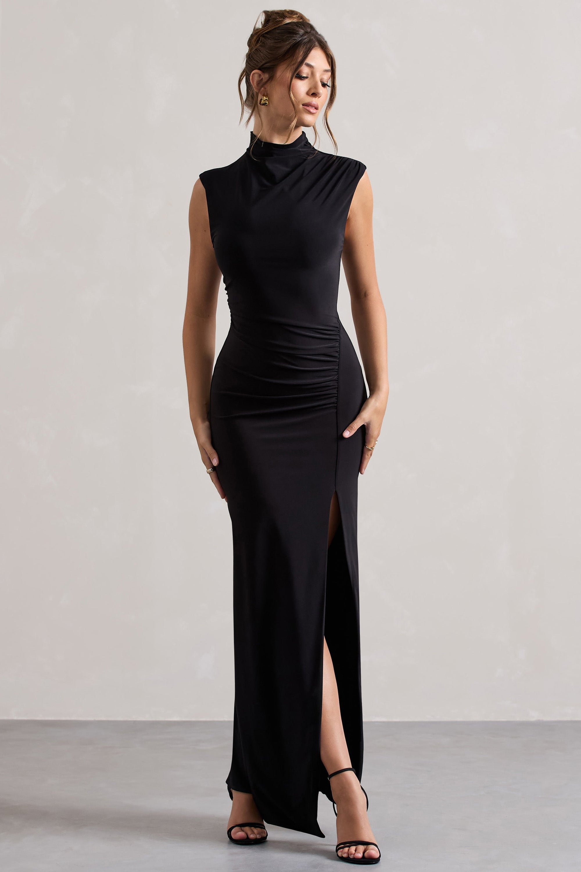 Lanetta | Black Ruched High-Neck Maxi Dress With Split - Club L London - AUS