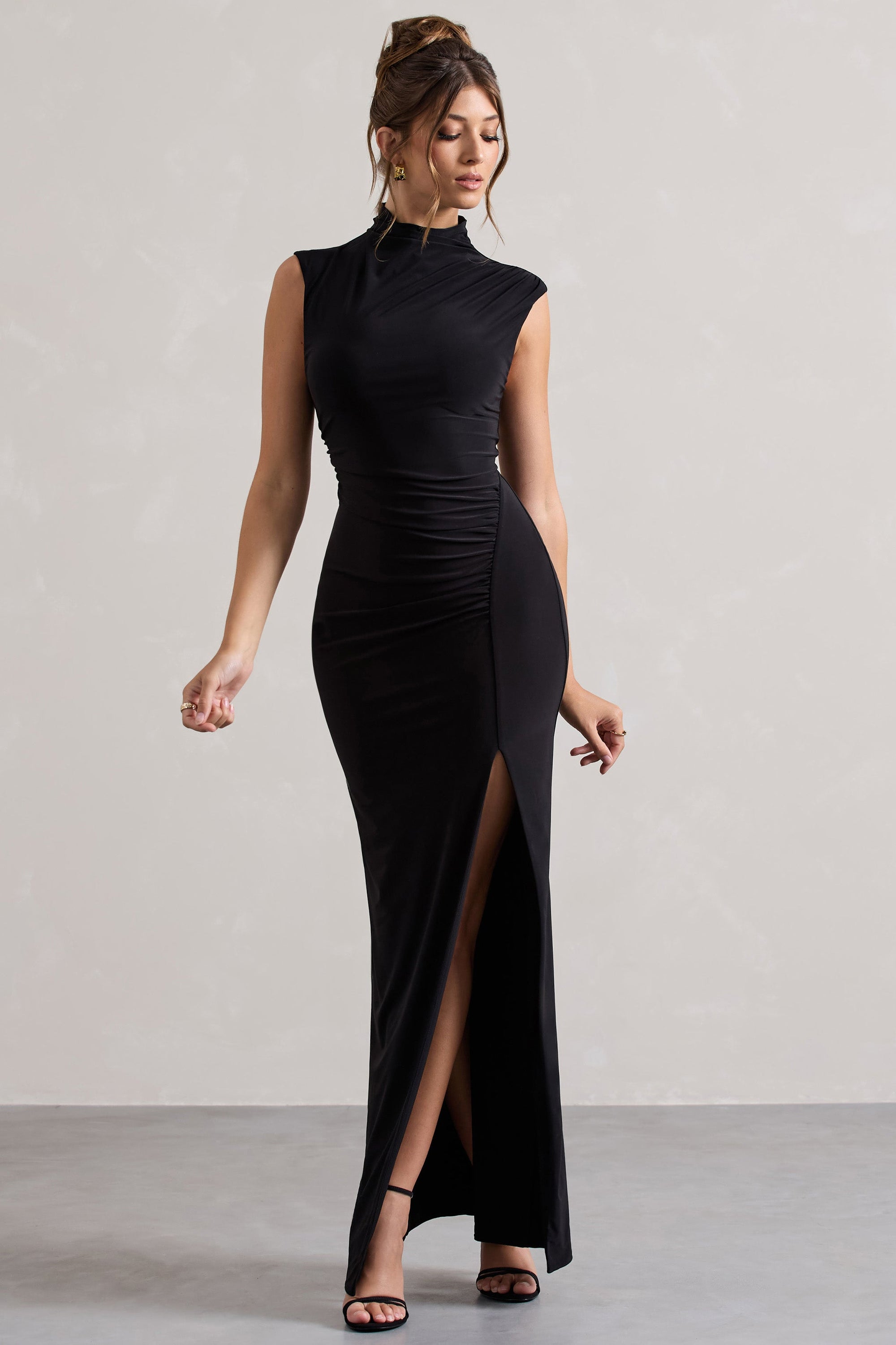 Lanetta | Black Ruched High-Neck Maxi Dress With Split - Club L London - AUS