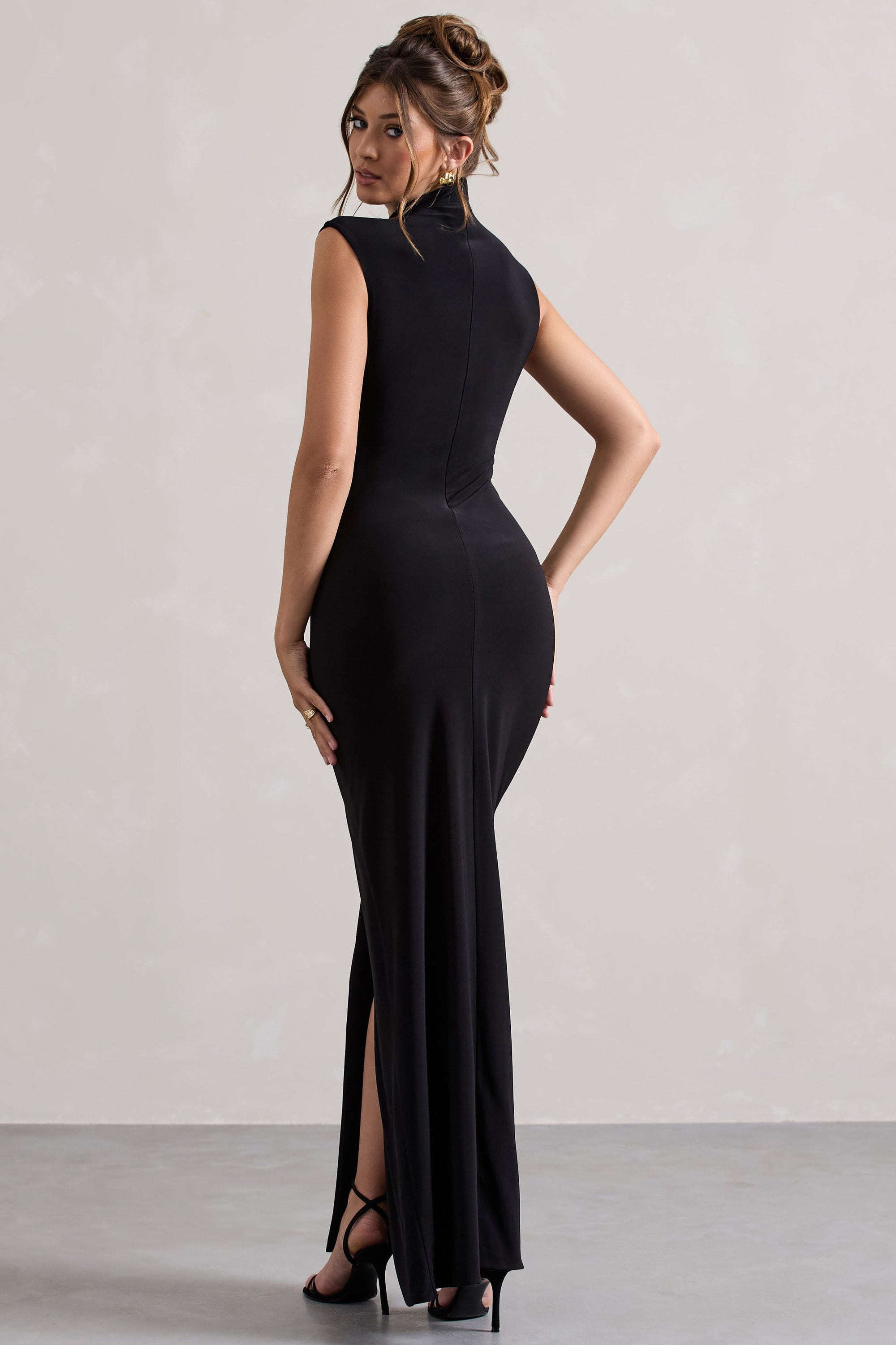 Lanetta | Black Ruched High-Neck Maxi Dress With Split - Club L London - AUS