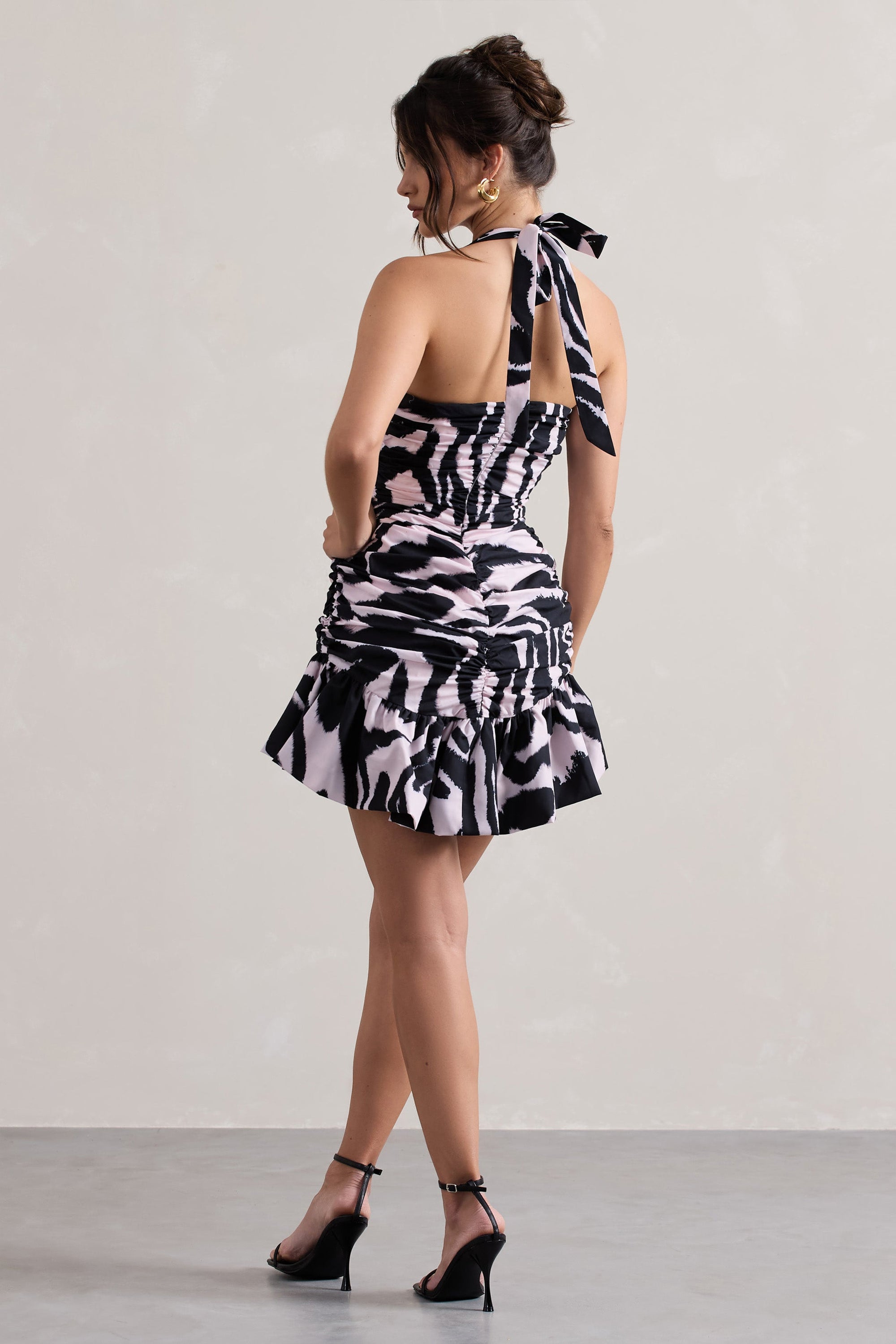 Zahra | Zebra Print Halter-Neck Ruched Mini Dress With Ruffle Hem - Club L London - AUS