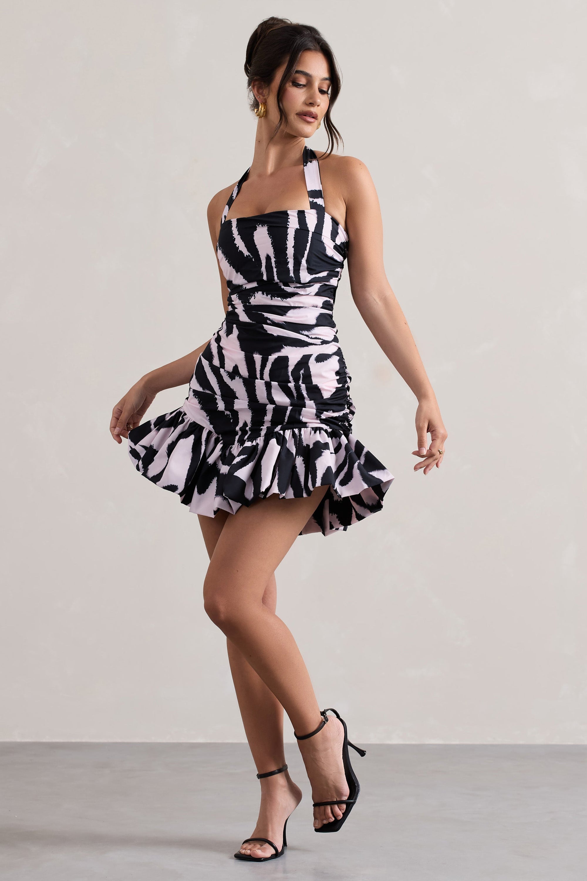 Zahra | Zebra Print Halter-Neck Ruched Mini Dress With Ruffle Hem - Club L London - AUS