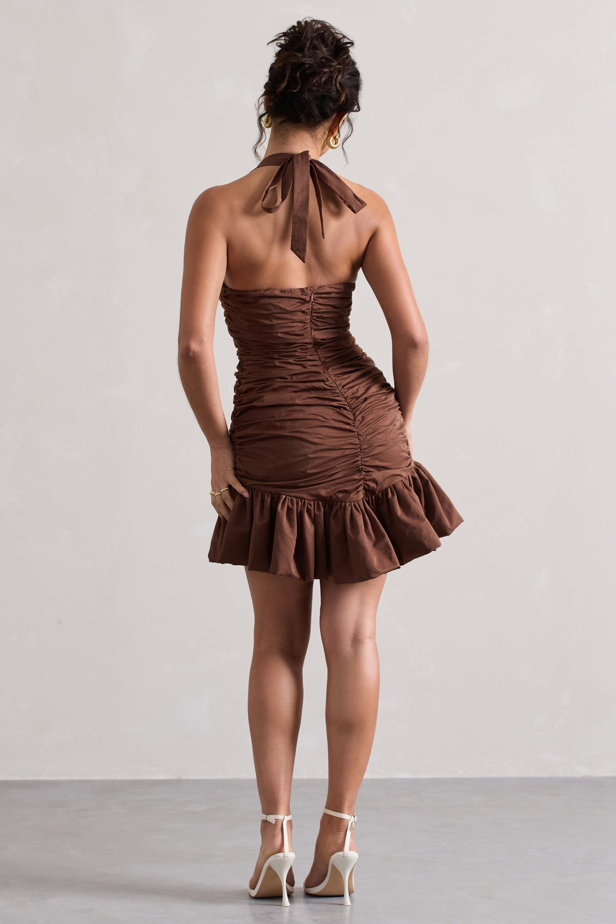 WB_CL132240067-ZahraChocolateBrownHalter-NeckRuchedMiniDressWithRuffleHem14