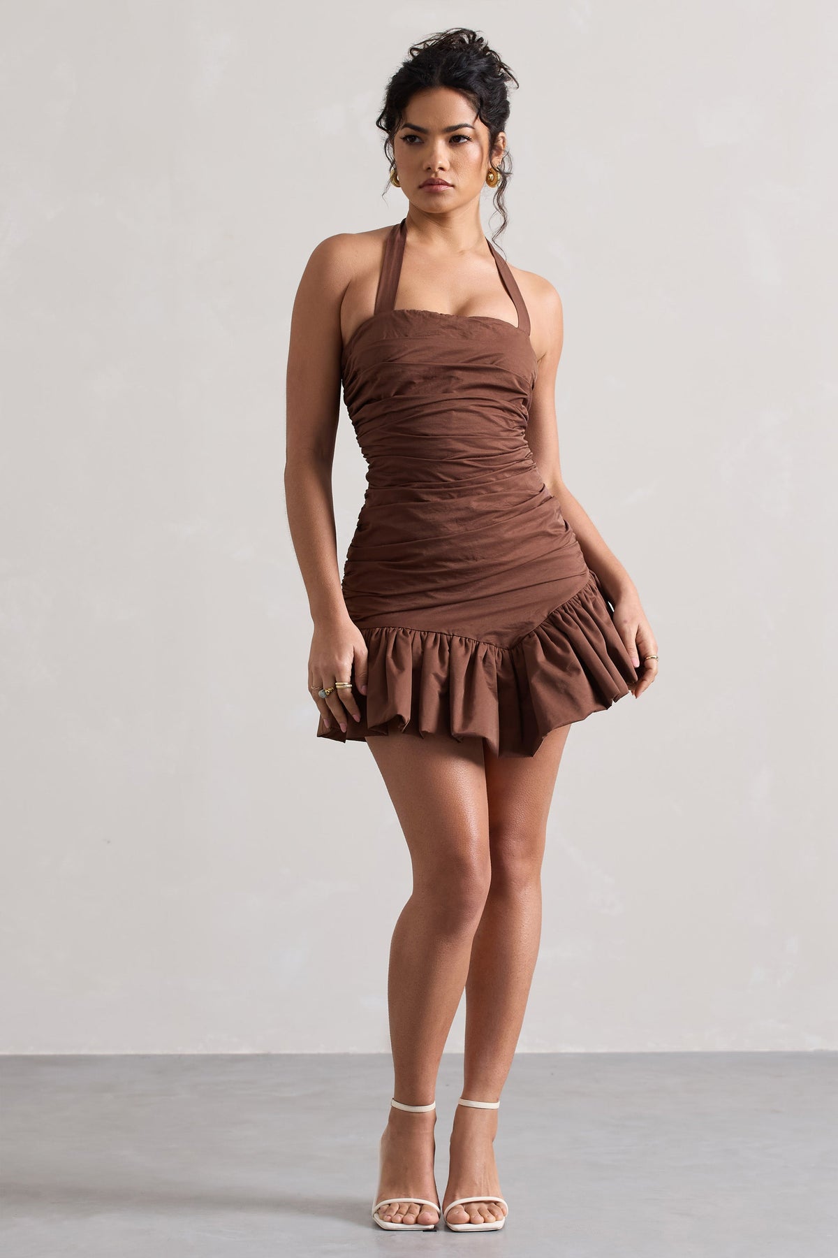 WB_CL132240067-ZahraChocolateBrownHalter-NeckRuchedMiniDressWithRuffleHem8