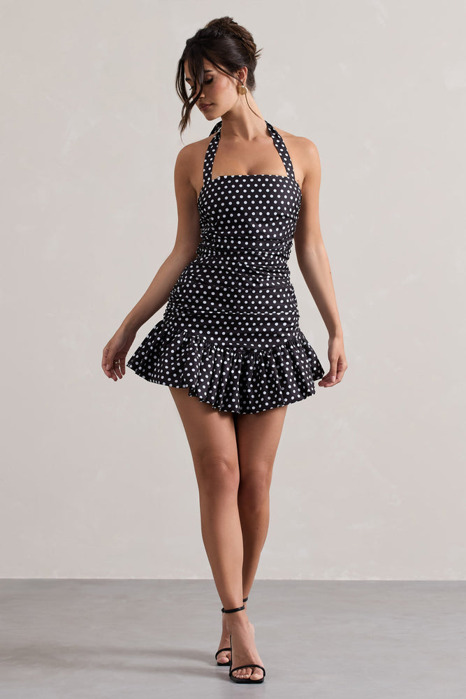 Zahra Black White Polka Dot Halter-Neck Ruched Mini Dress With