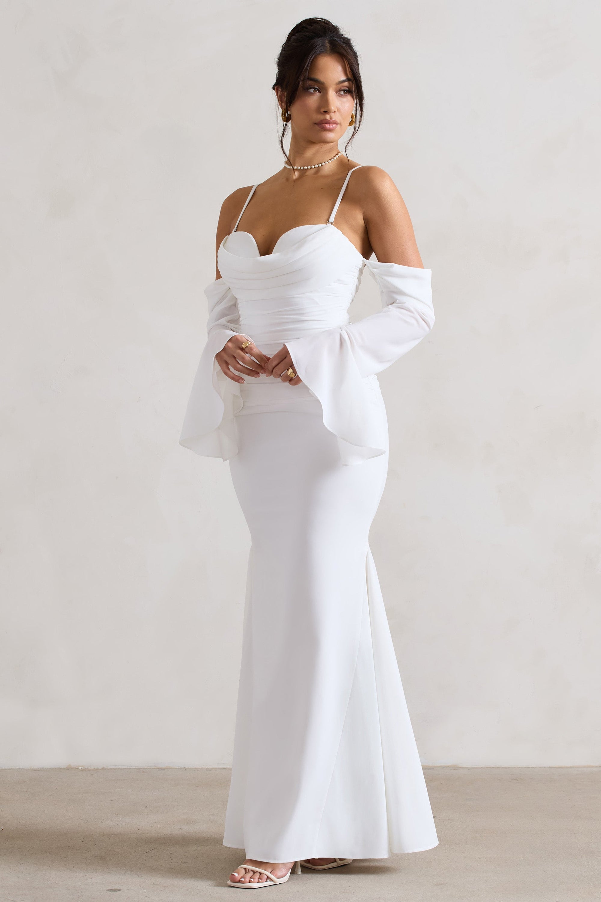 Rhiannon | Cream Draped Flared-Sleeve Fishtail Maxi Dress - Club L London - AUS