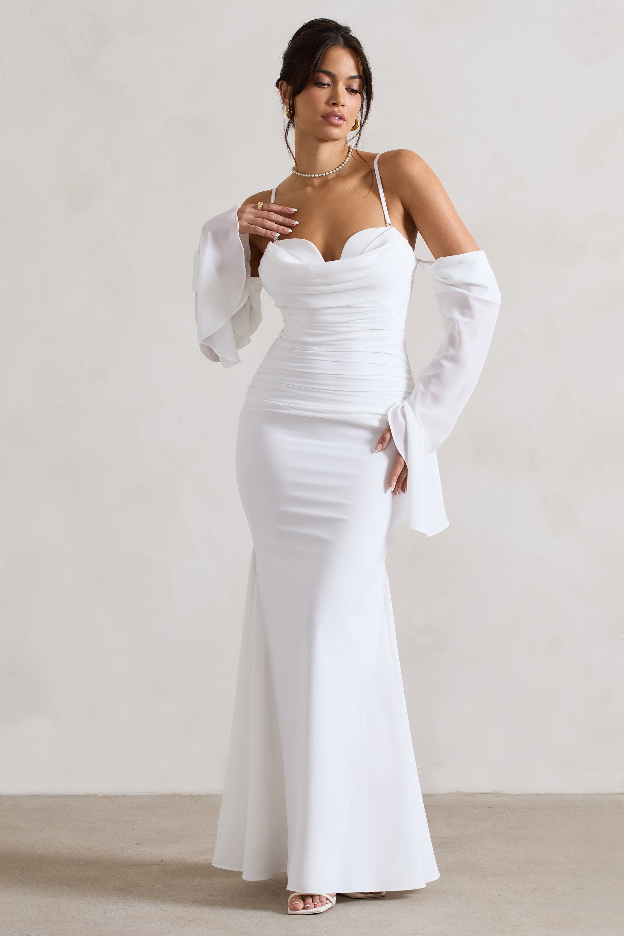 Rhiannon | Cream Draped Flared-Sleeve Fishtail Maxi Dress - Club L London - AUS
