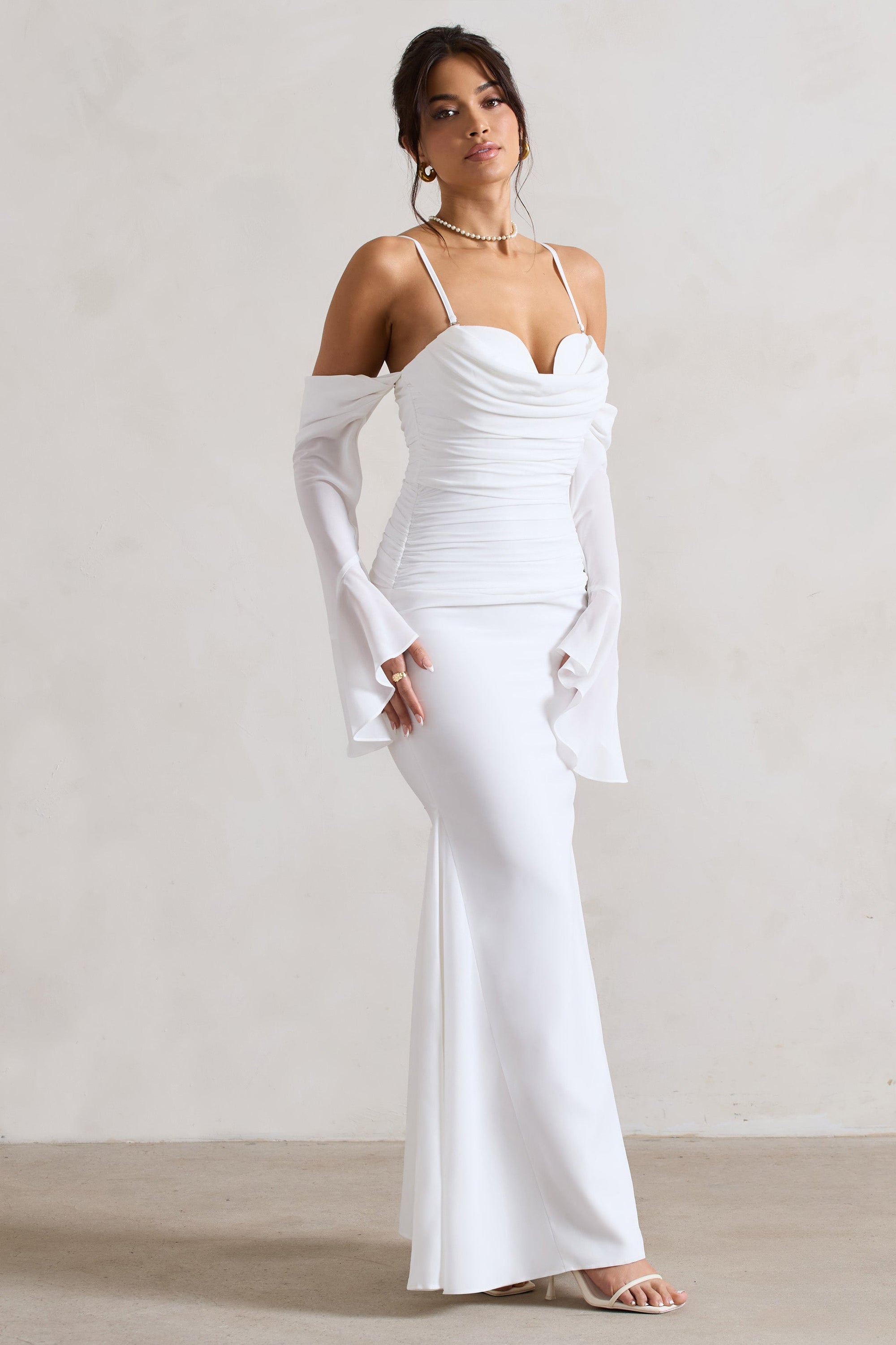 Rhiannon | Cream Draped Flared-Sleeve Fishtail Maxi Dress - Club L London - AUS