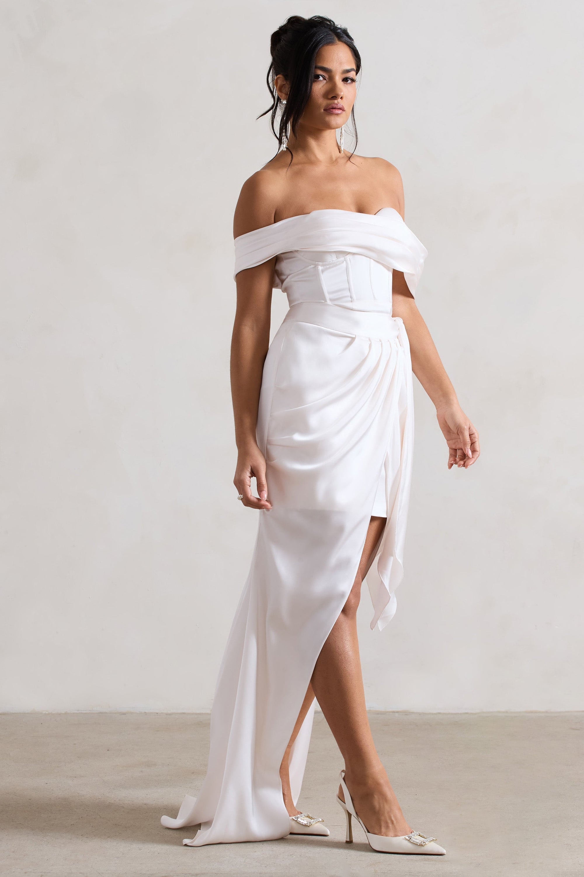 Milano | Cream Satin Bardot Maxi Dress With Detachable Skirt - Club L London - AUS