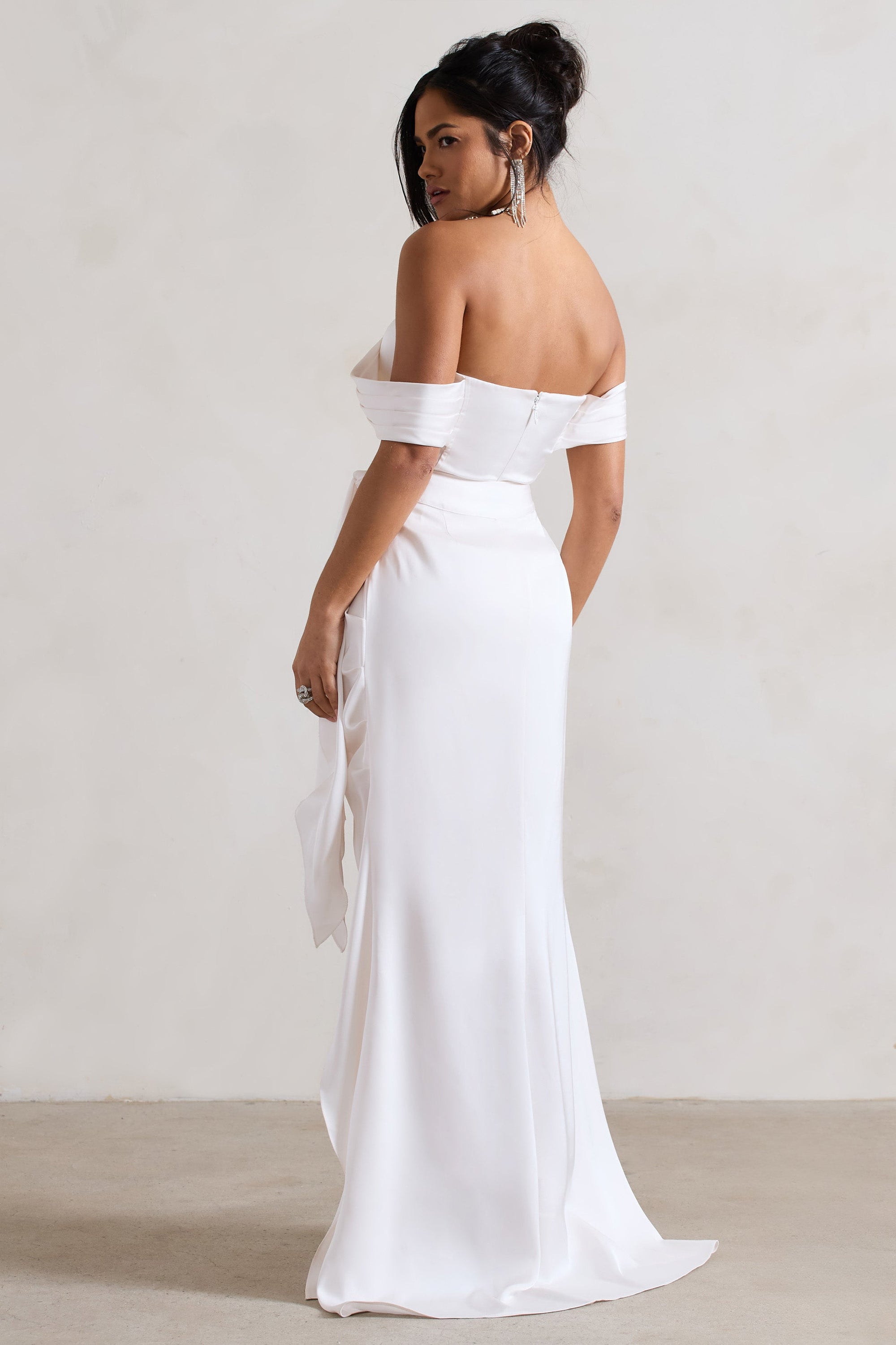 Milano | Cream Satin Bardot Maxi Dress With Detachable Skirt - Club L London - AUS