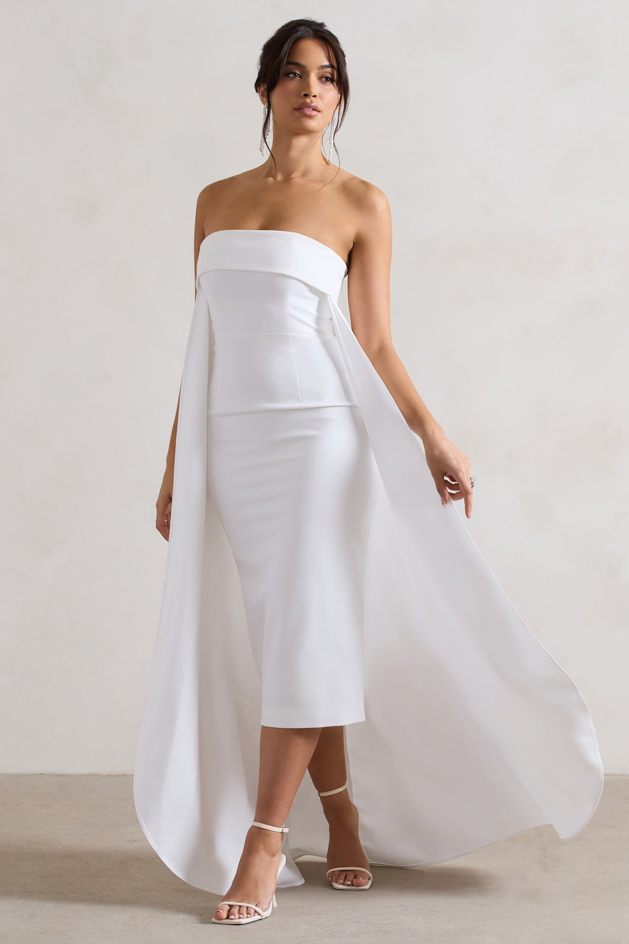 Save The Date | Cream Bandeau Midi Dress With Train - Club L London - AUS