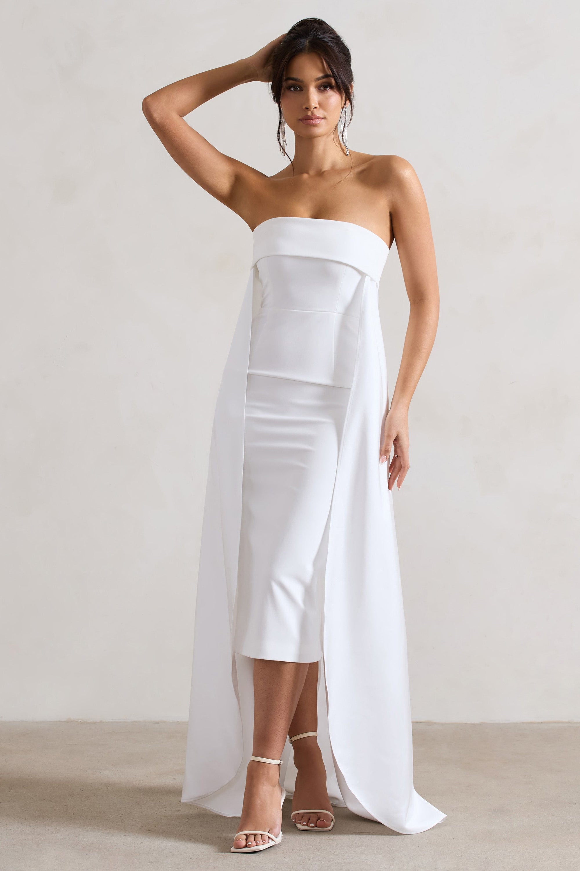 Save The Date | Cream Bandeau Midi Dress With Train - Club L London - AUS