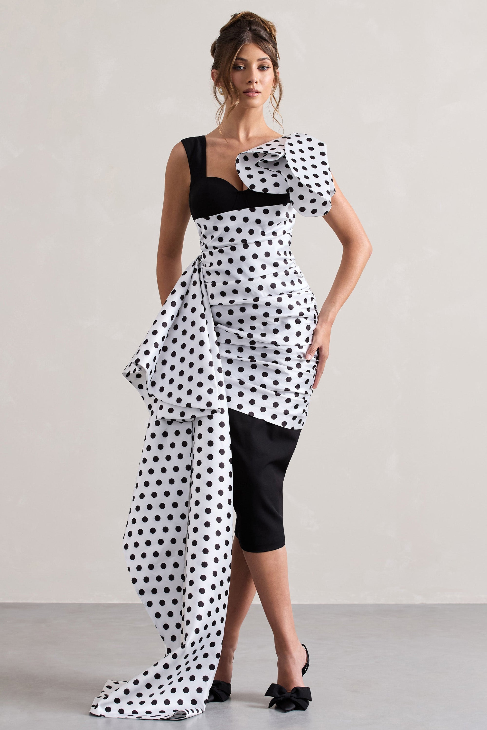 Unattainable | Black Polka Dot Wrap Midi Dress Volume Drape - Club L London - AUS