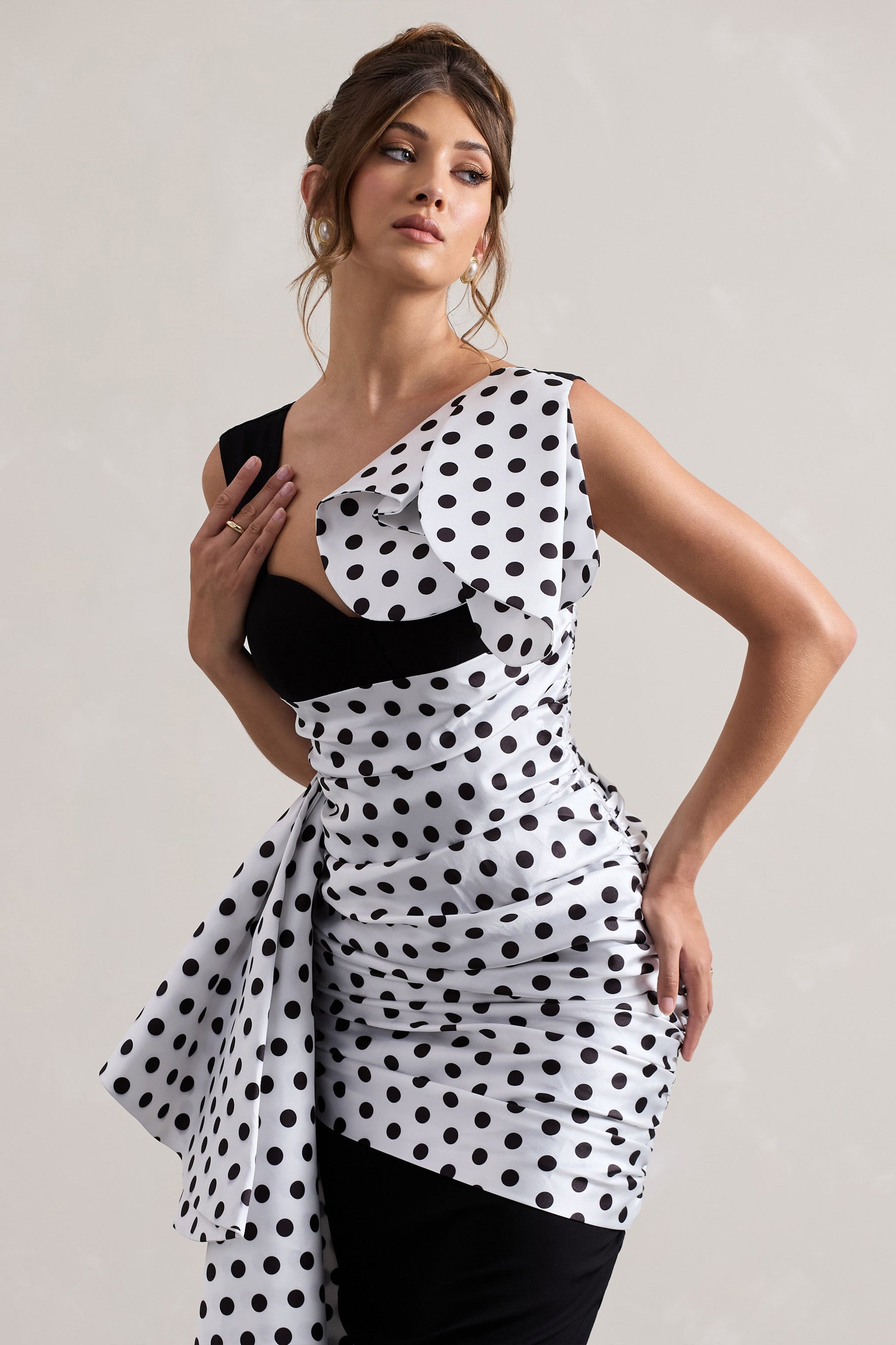 Unattainable | Black Polka Dot Wrap Midi Dress Volume Drape - Club L London - AUS