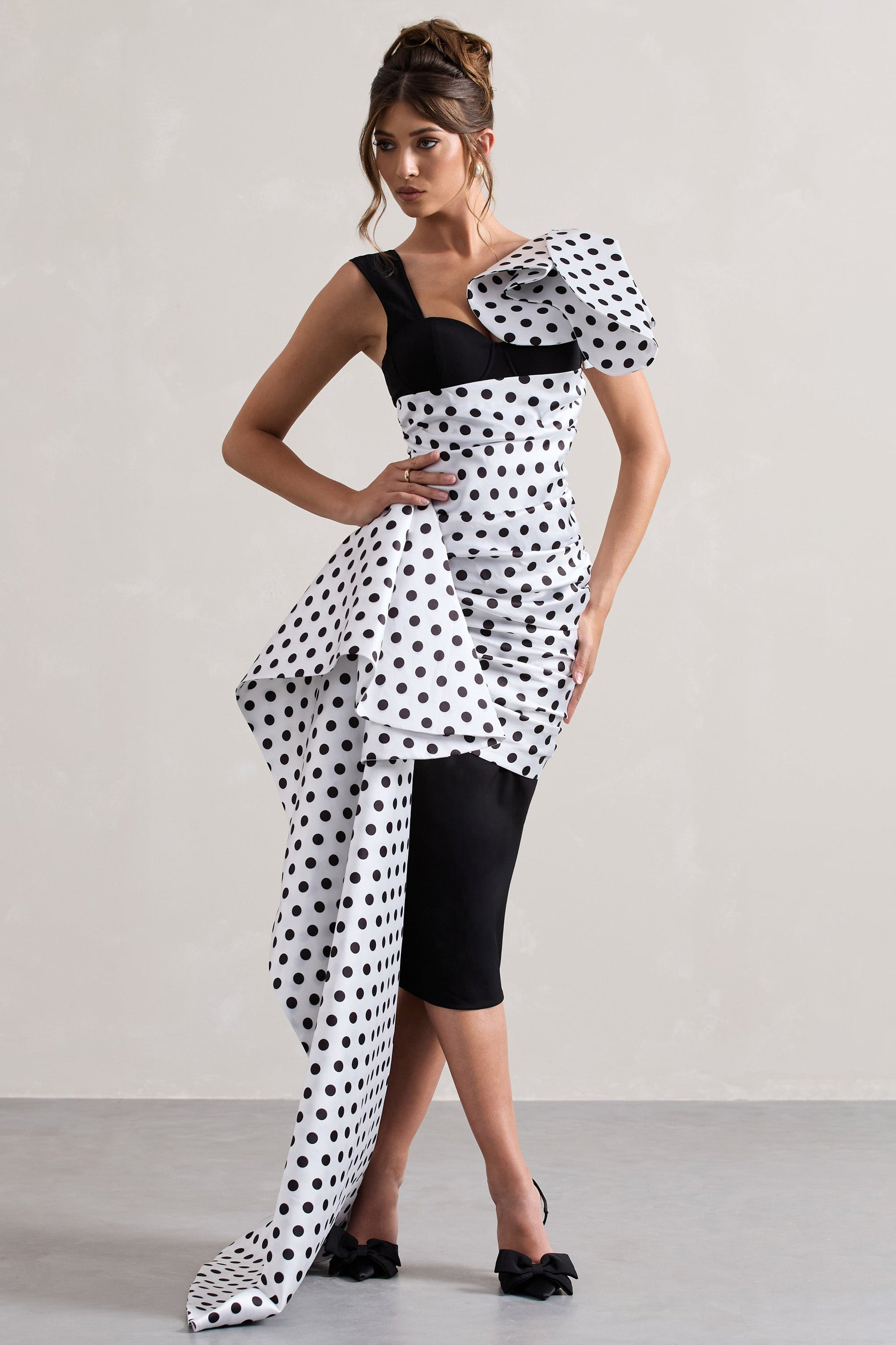 Unattainable | Black Polka Dot Wrap Midi Dress Volume Drape - Club L London - AUS