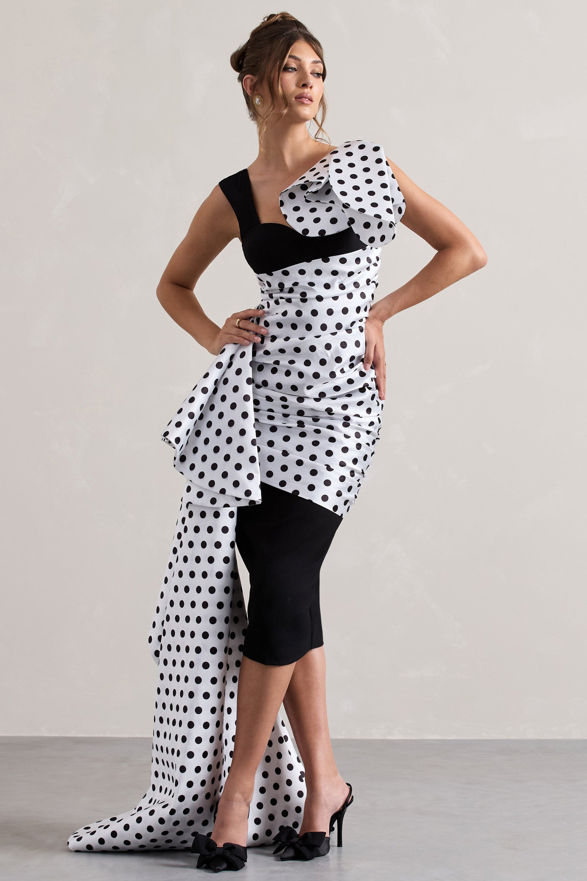 Unattainable | Black Polka Dot Wrap Midi Dress Volume Drape - Club L London - AUS
