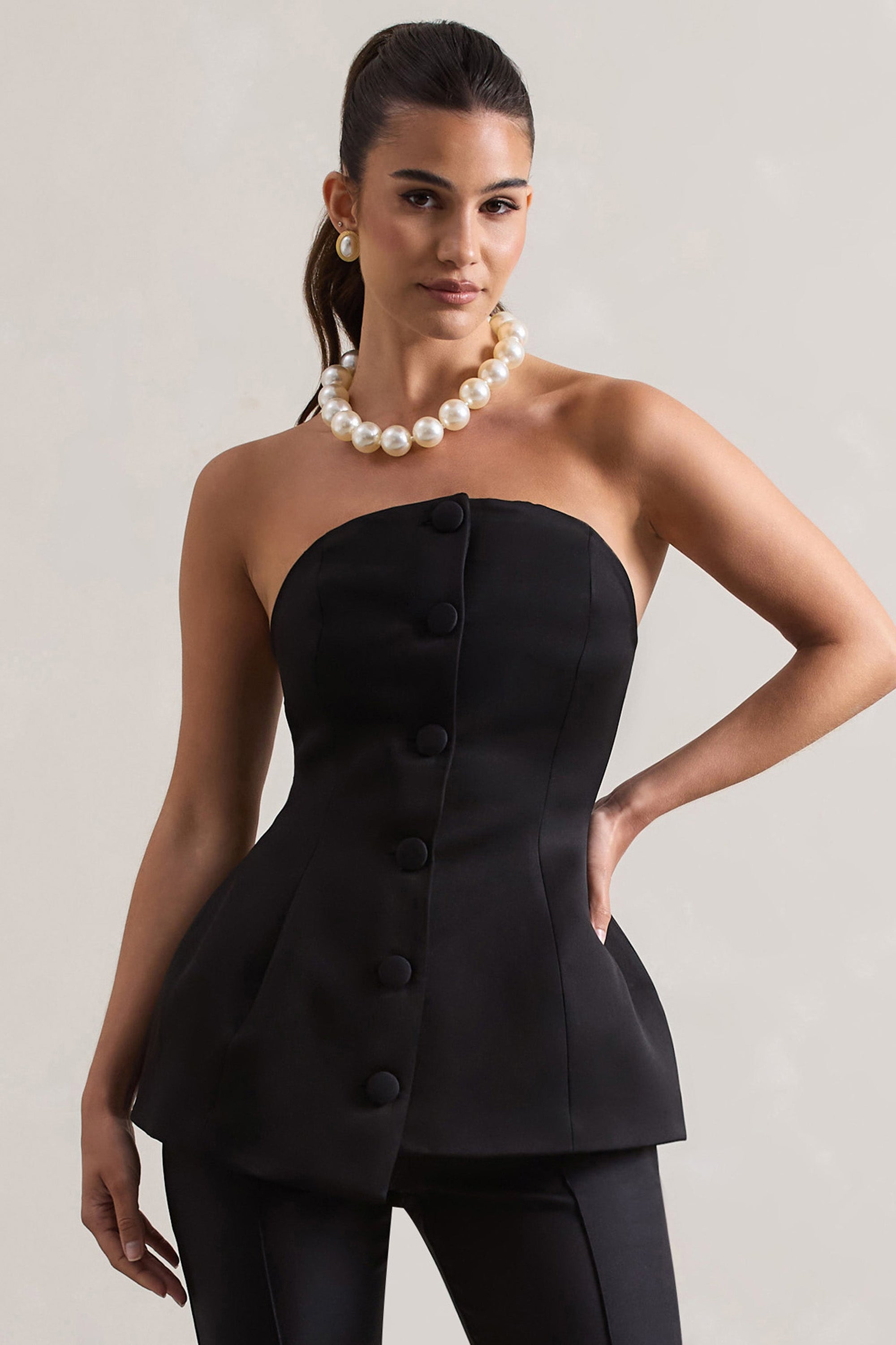 Century | Black Satin Strapless Button Front Corset Top - Club L London - AUS