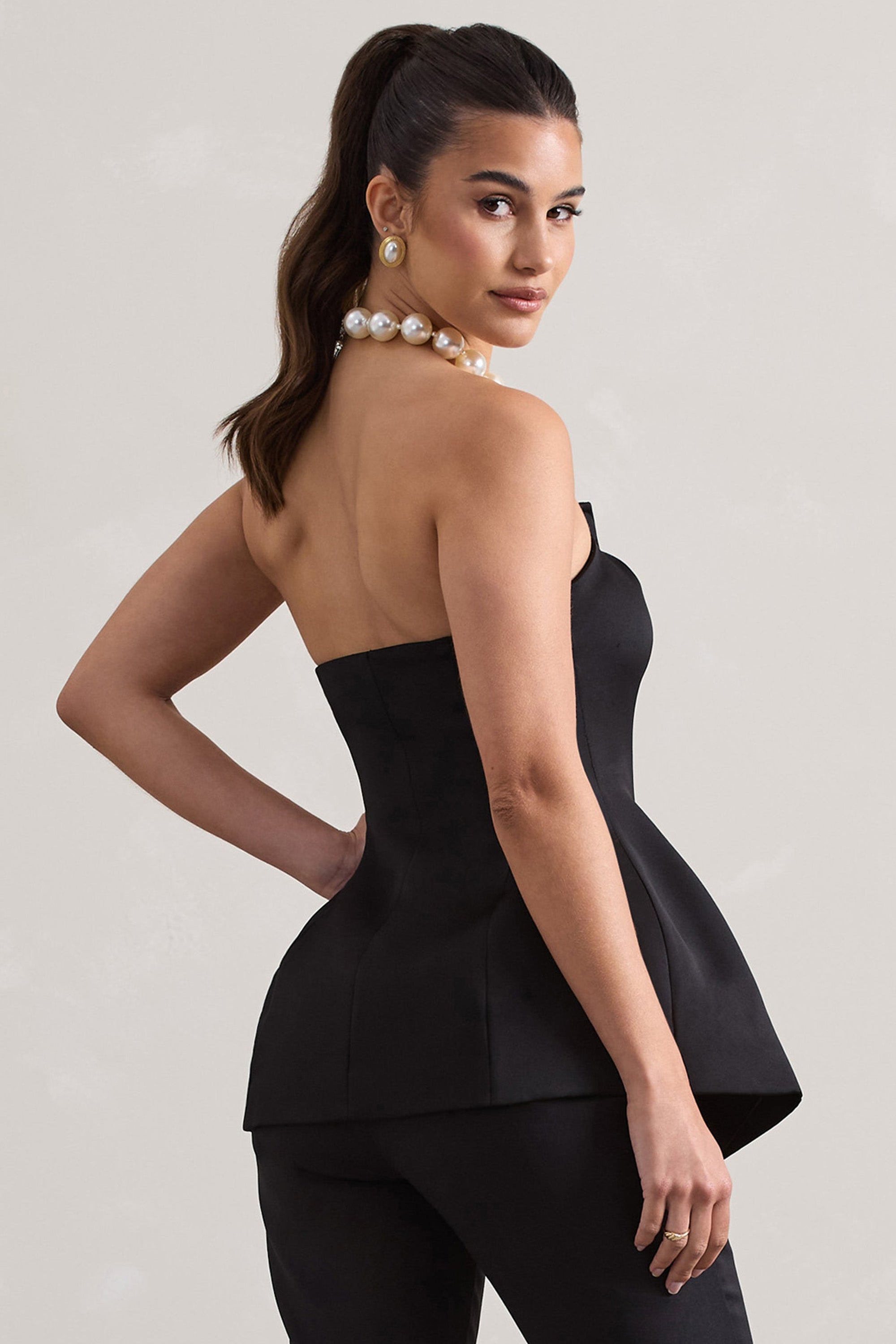 Century | Black Satin Strapless Button Front Corset Top - Club L London - AUS