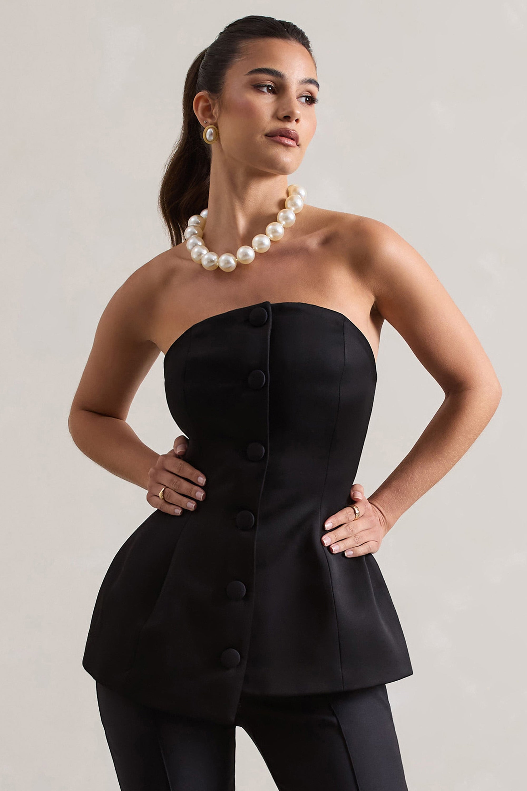 Century | Black Satin Strapless Button Front Corset Top - Club L London - AUS