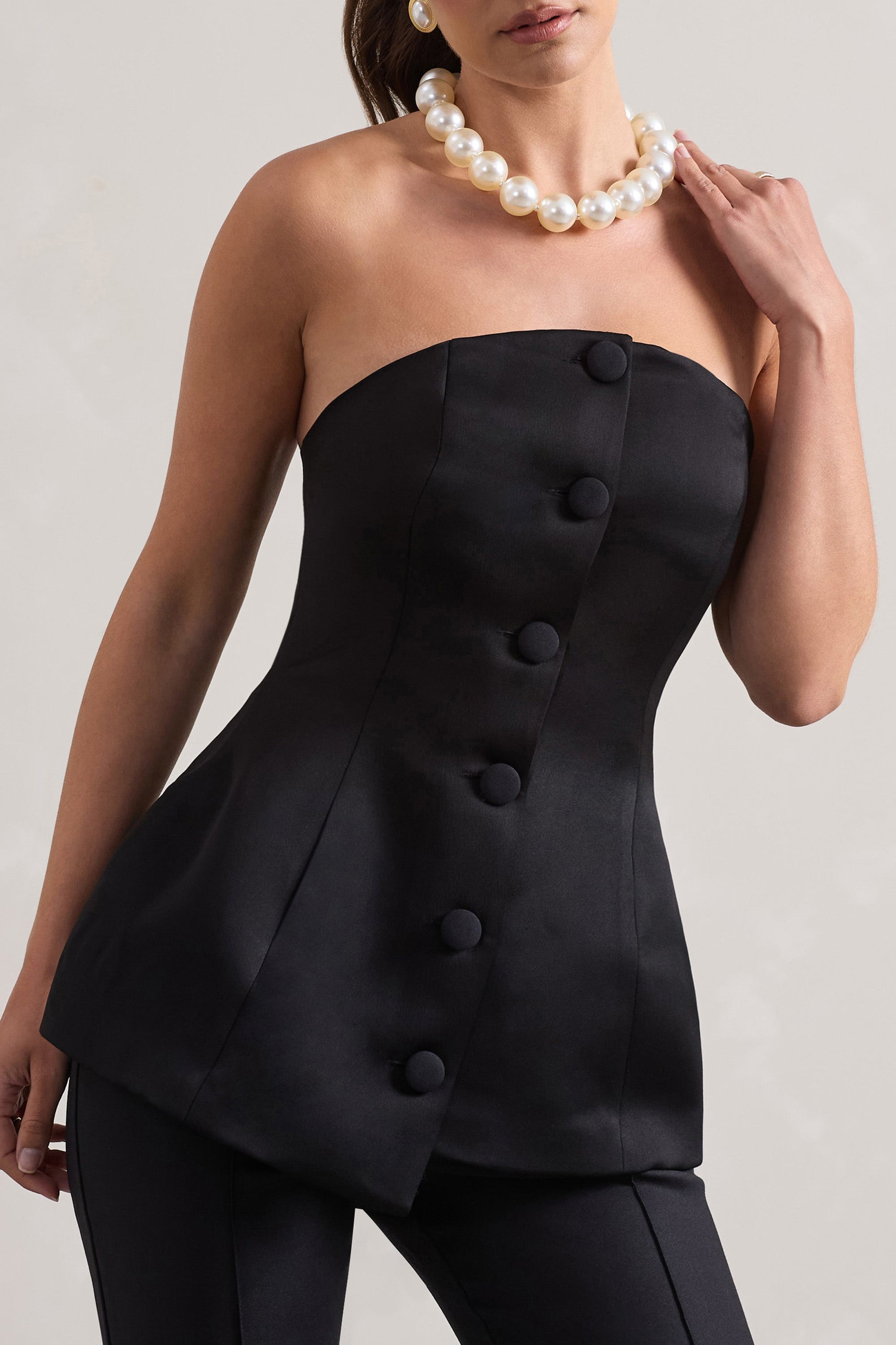 Century | Black Satin Strapless Button Front Corset Top - Club L London - AUS