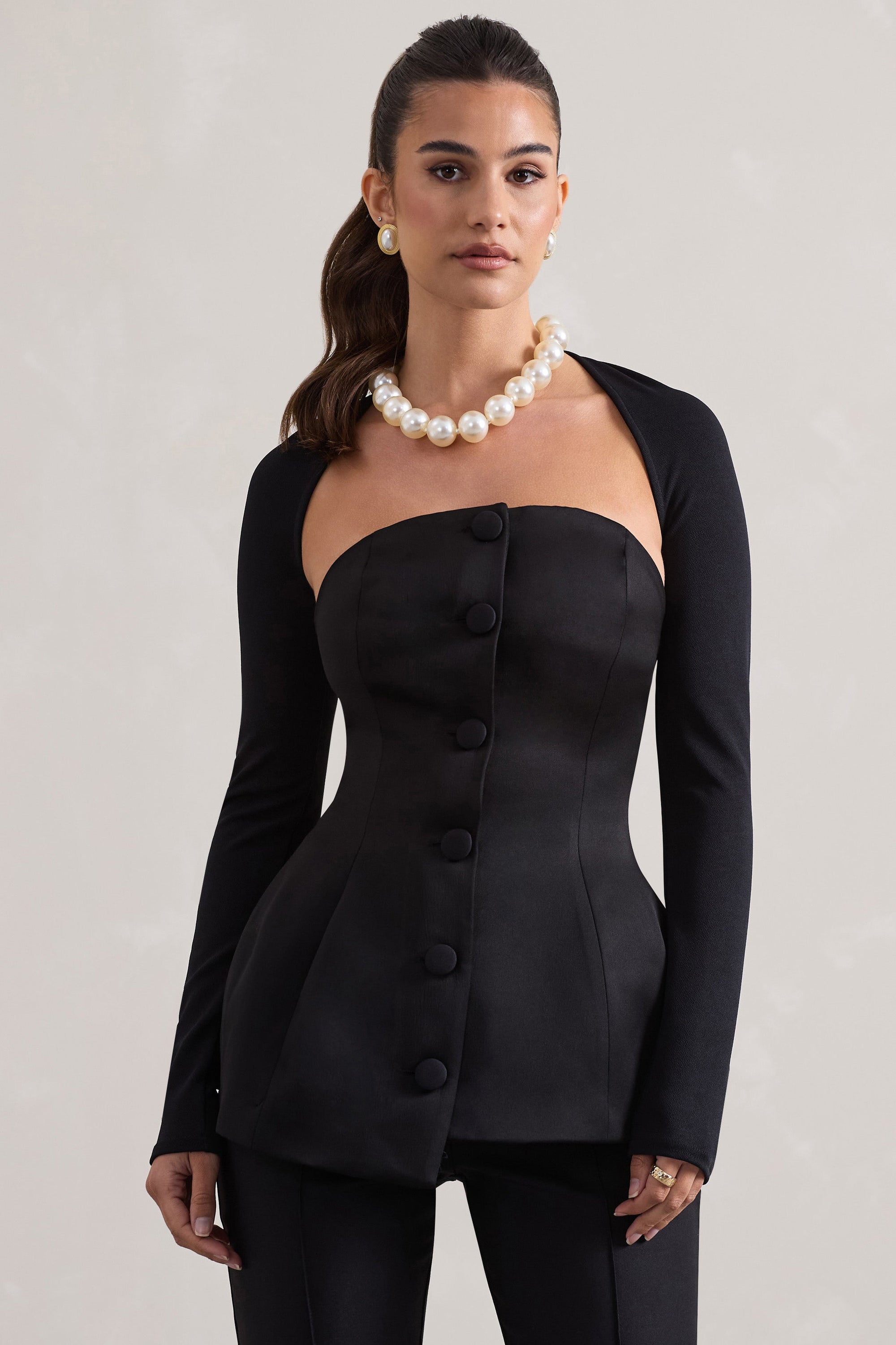 Century | Black Satin Strapless Button Front Corset Top - Club L London - AUS