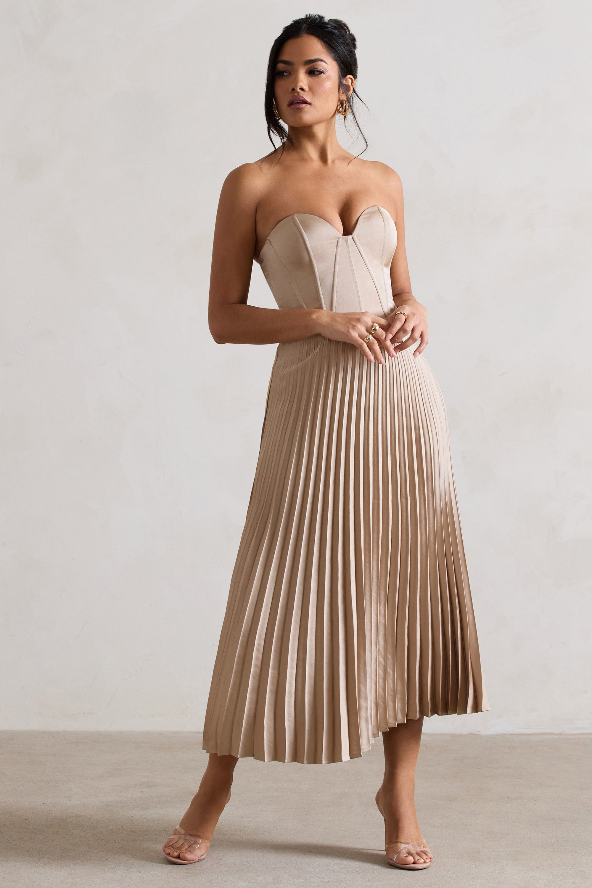 Bordeaux | Champagne Satin Corset Style Midi Dress - Club L London - AUS