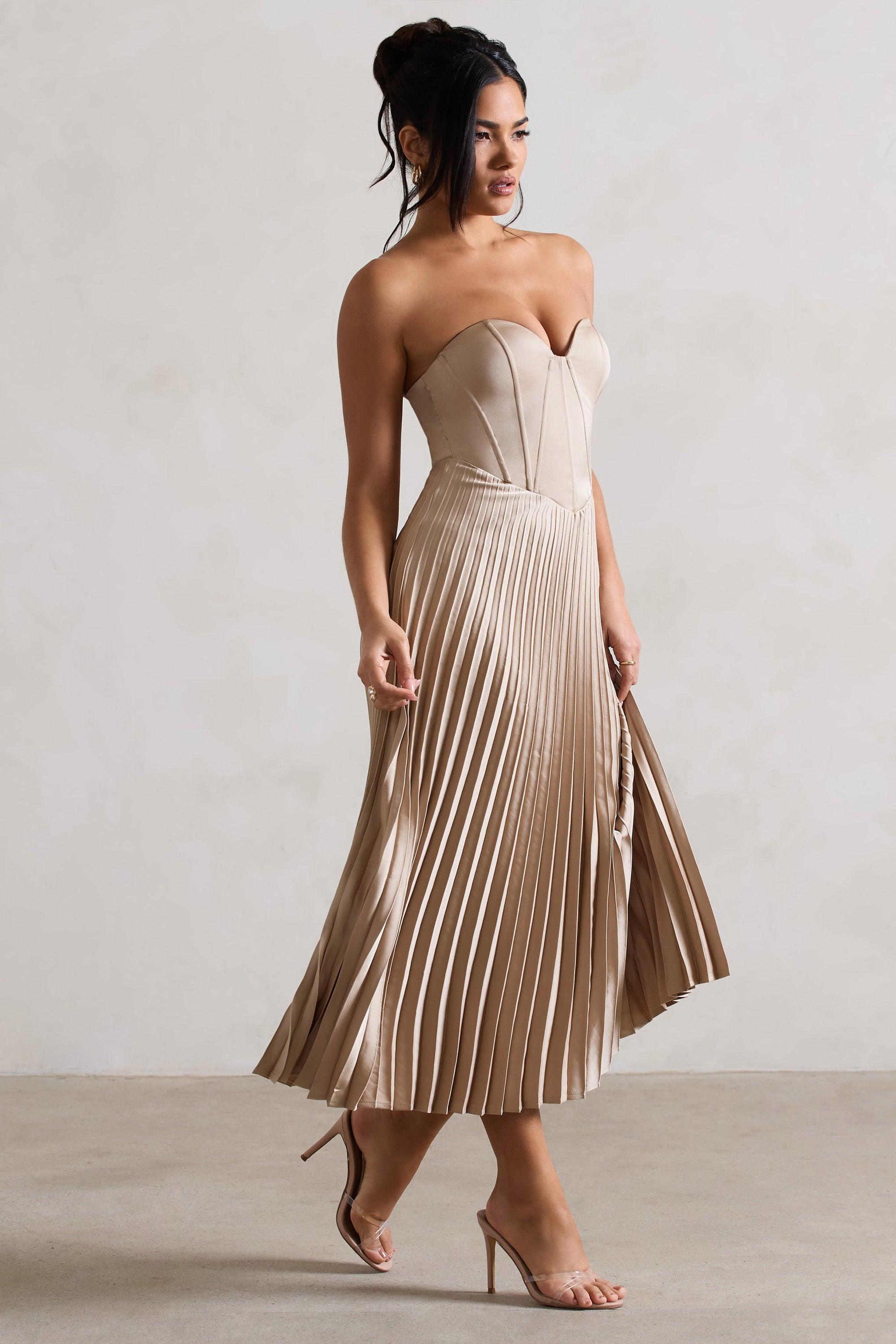 Bordeaux | Champagne Satin Corset Style Midi Dress - Club L London - AUS