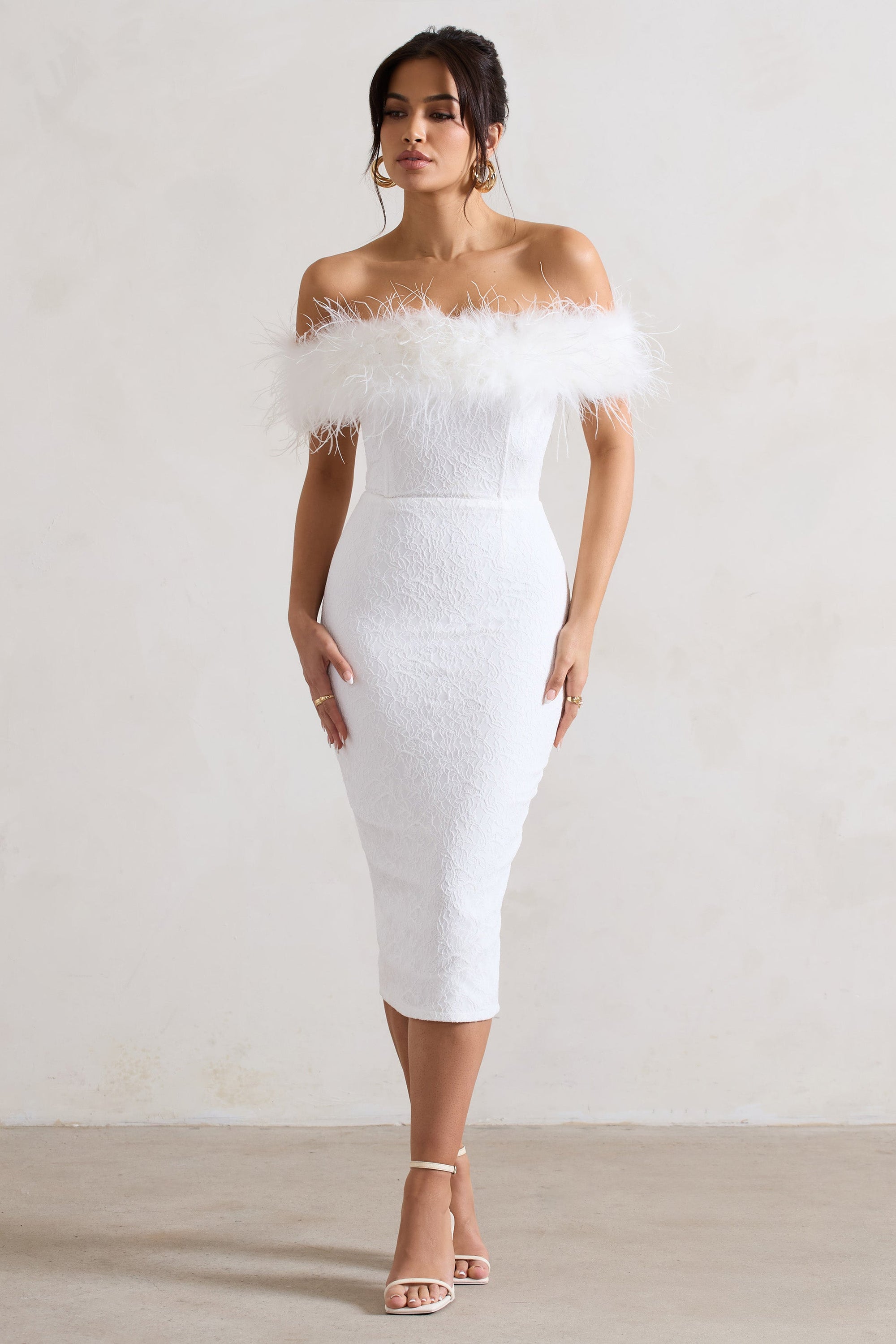 Maiden | White Lace Bardot Midi Dress With Feather Trim - Club L London - AUS