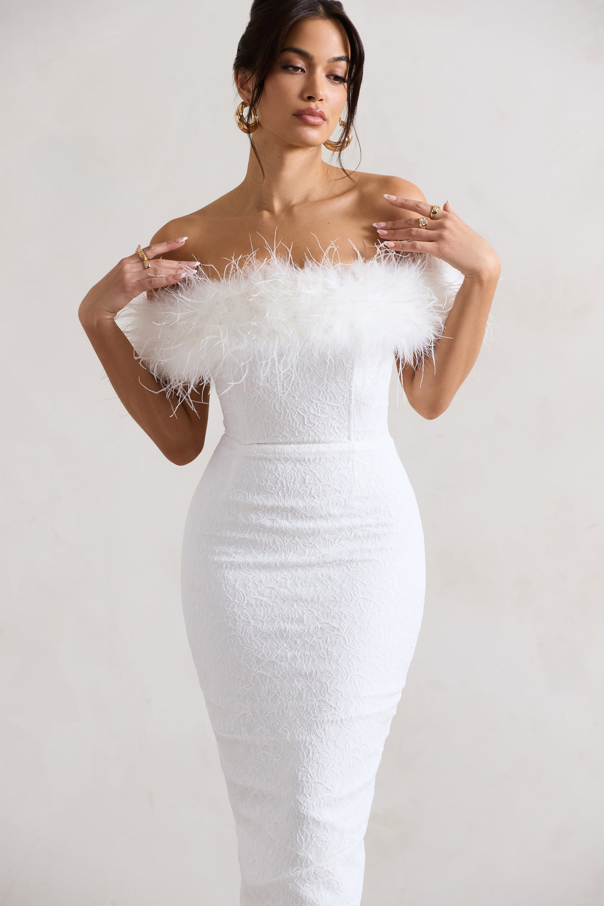 Maiden | White Lace Bardot Midi Dress With Feather Trim - Club L London - AUS