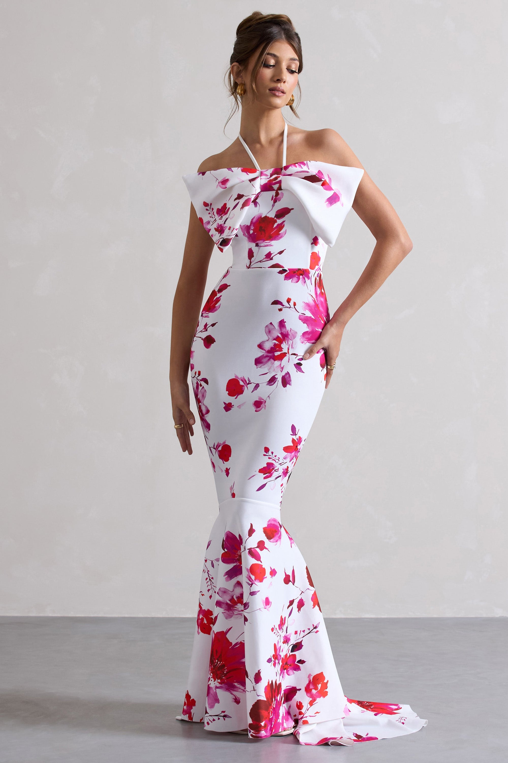 Sakura | Pink Floral Print Halter-Neck Fishtail Maxi Dress With Bow - Club L London - AUS