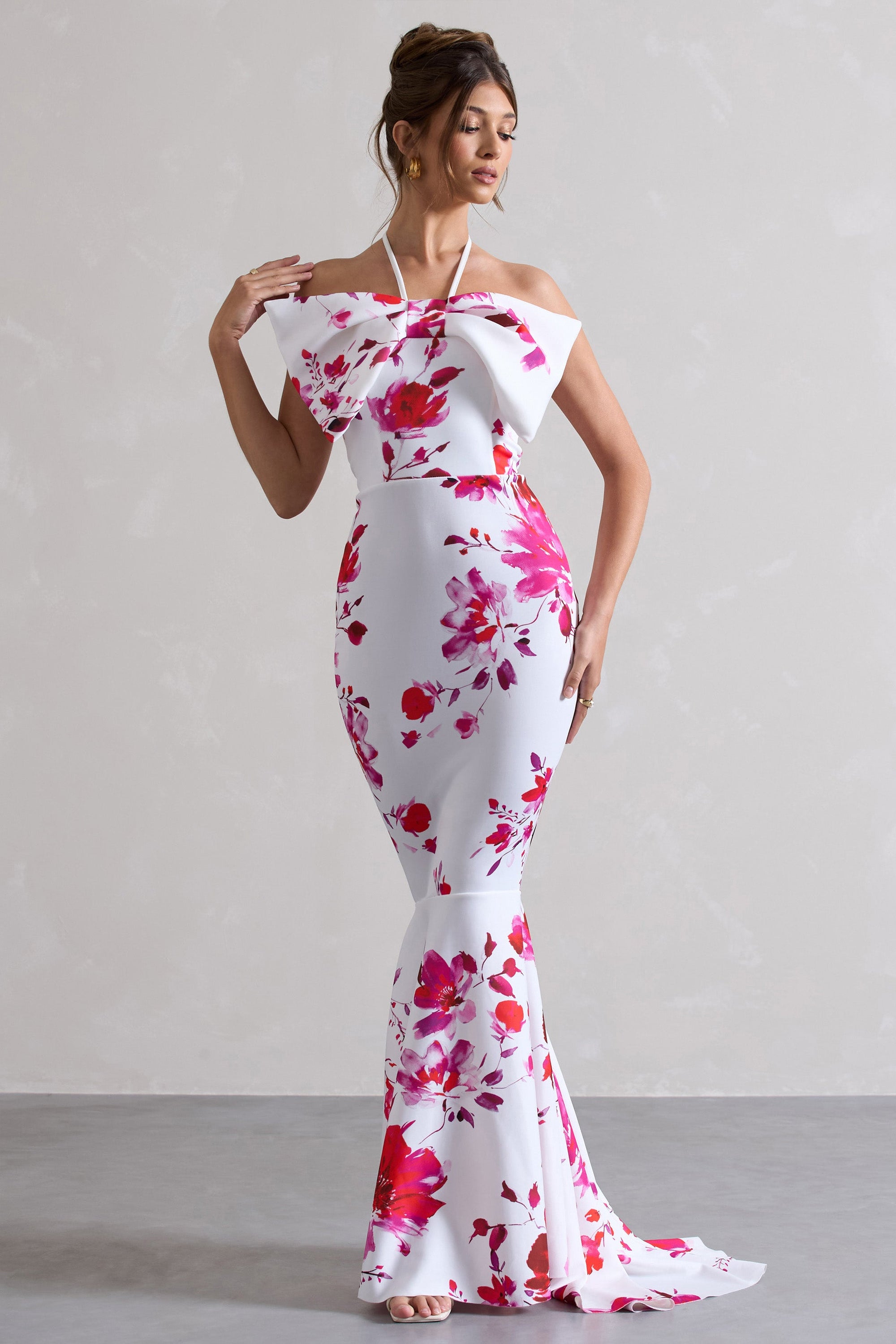 Sakura | Pink Floral Print Halter-Neck Fishtail Maxi Dress With Bow - Club L London - AUS