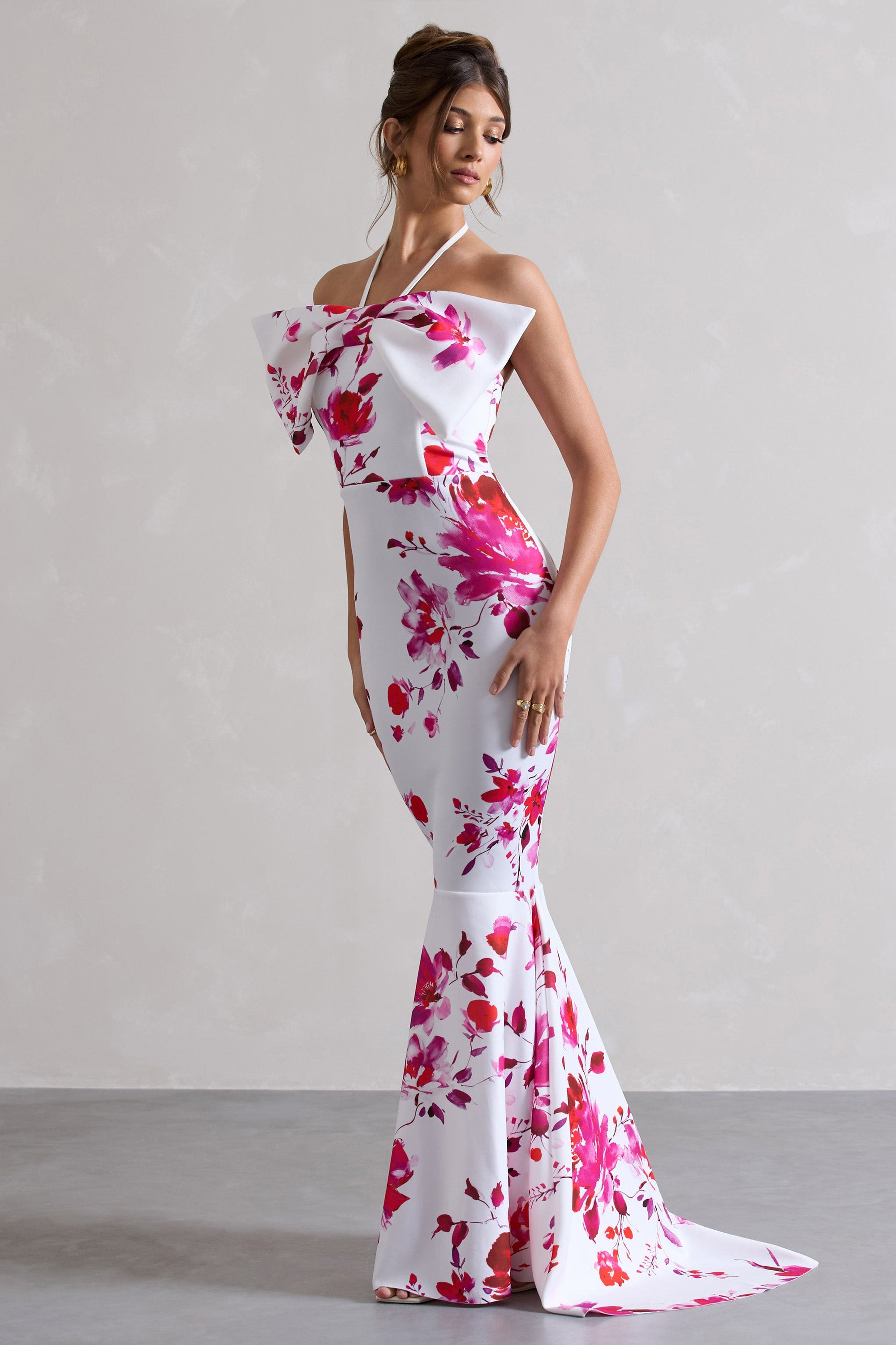 Sakura | Pink Floral Print Halter-Neck Fishtail Maxi Dress With Bow - Club L London - AUS